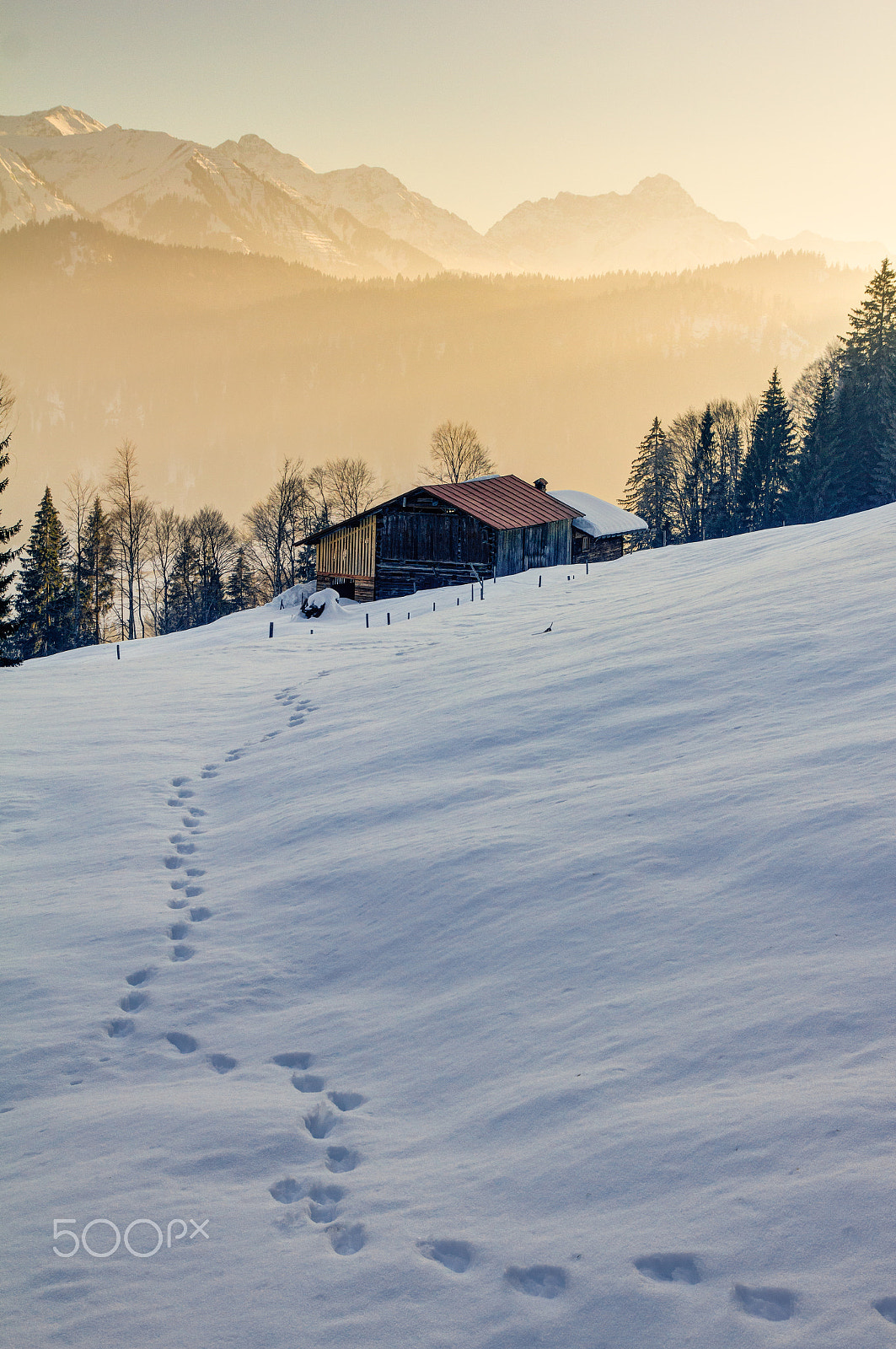 Canon EOS 550D (EOS Rebel T2i / EOS Kiss X4) + Sigma 17-70mm F2.8-4 DC Macro OS HSM | C sample photo. Footprints in snow towards wooden cabin in mountains of allgau photography