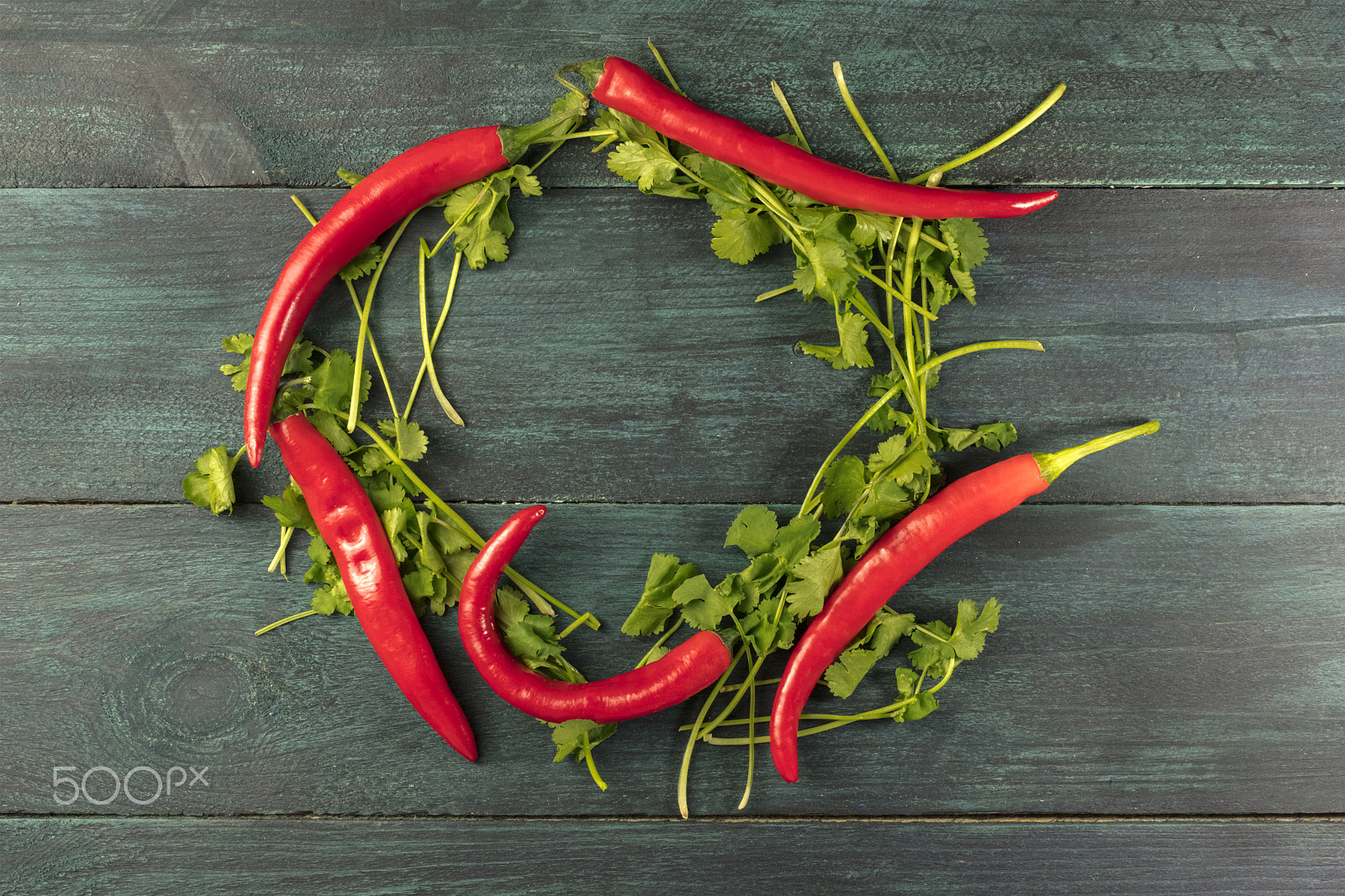 Canon EOS 5DS R sample photo. Wreath of cilantro leaves and red chili peppers photography