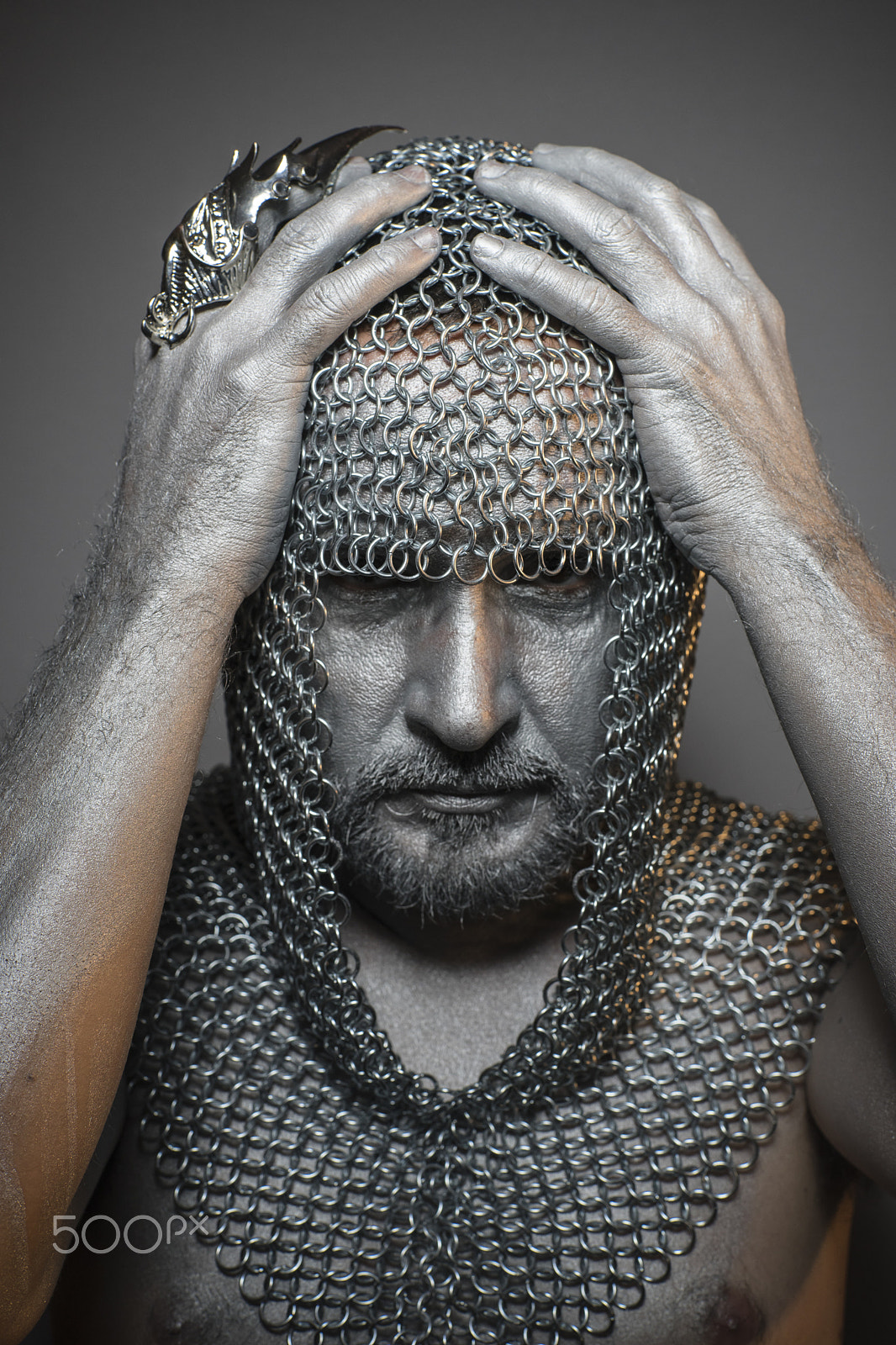 Sony a7 + Sony DT 50mm F1.8 SAM sample photo. Man in chain mail and leather painted silver, medieval warrior photography