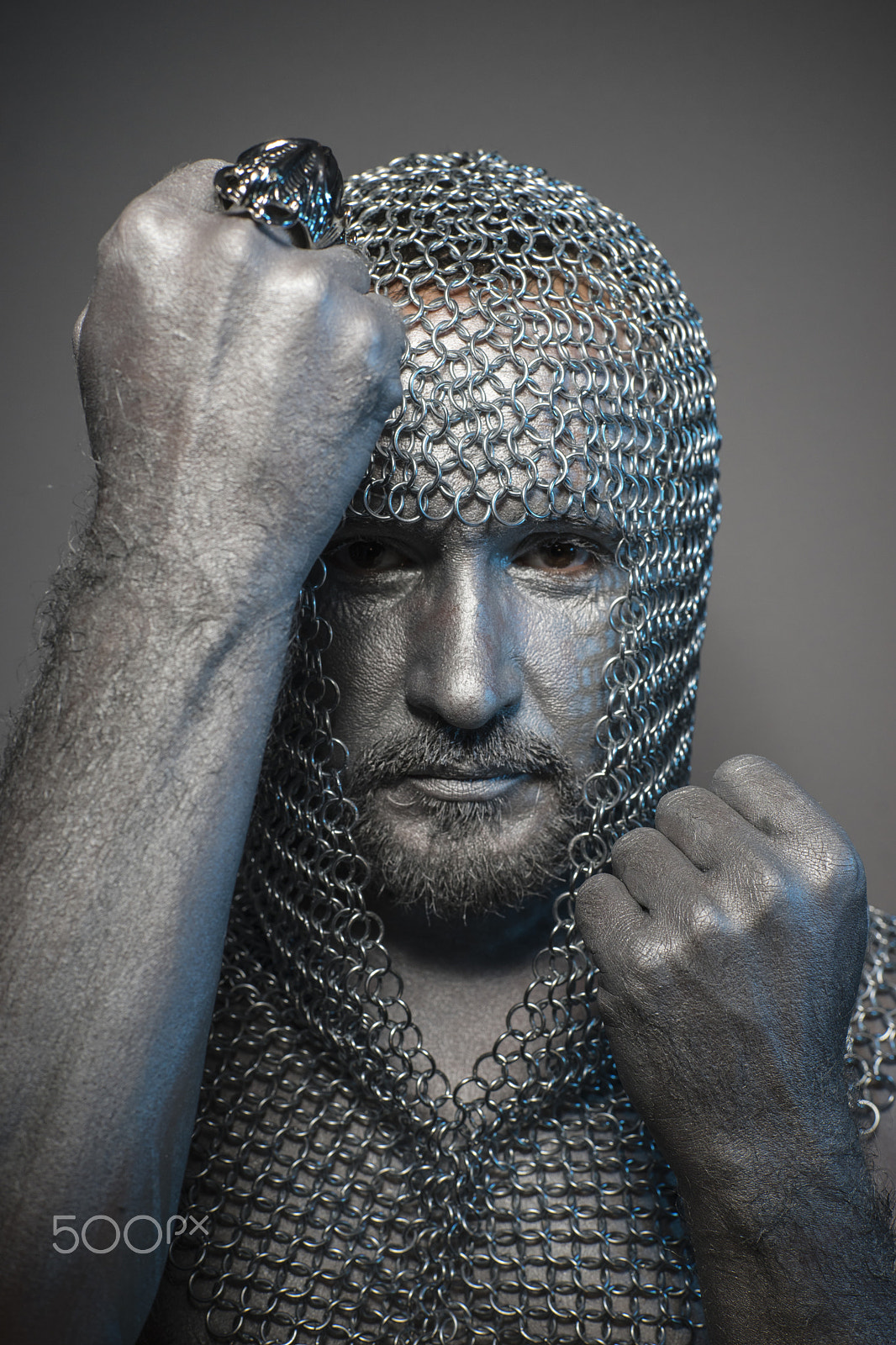 Sony a7 + Sony DT 50mm F1.8 SAM sample photo. Fantasy, man in chain mail and leather painted silver, medieval photography