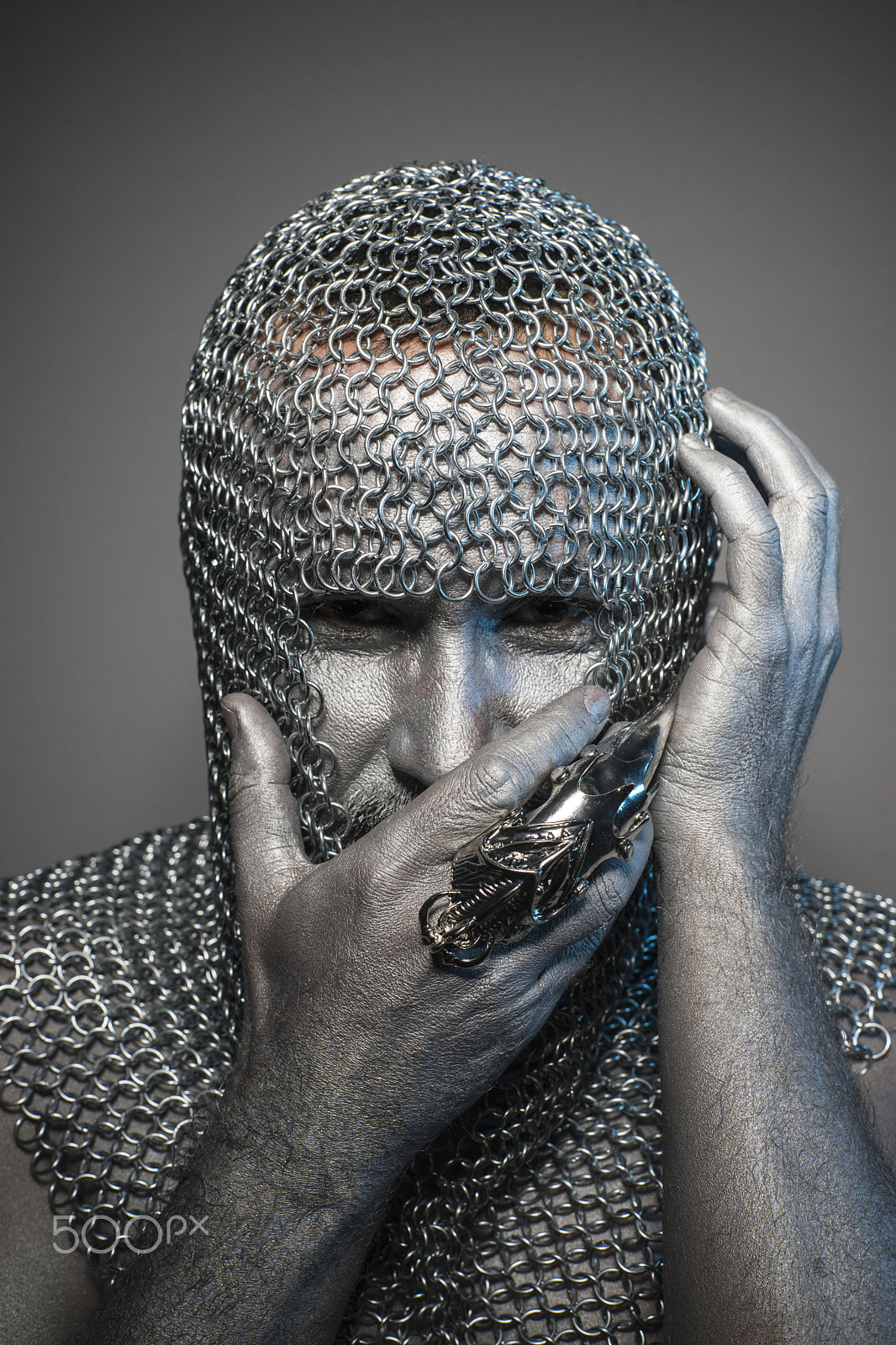 Sony a7 + Sony DT 50mm F1.8 SAM sample photo. Man in chain mail and leather painted silver, medieval warrior photography