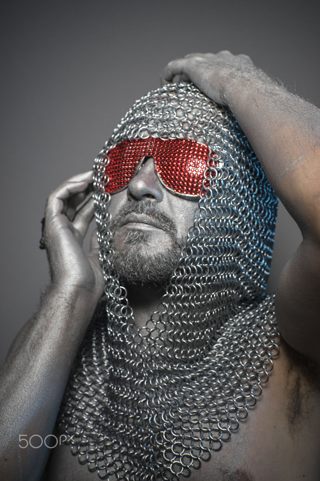 Sony a7 + Sony DT 50mm F1.8 SAM sample photo. Man in chain mail and leather painted silver, medieval warrior photography