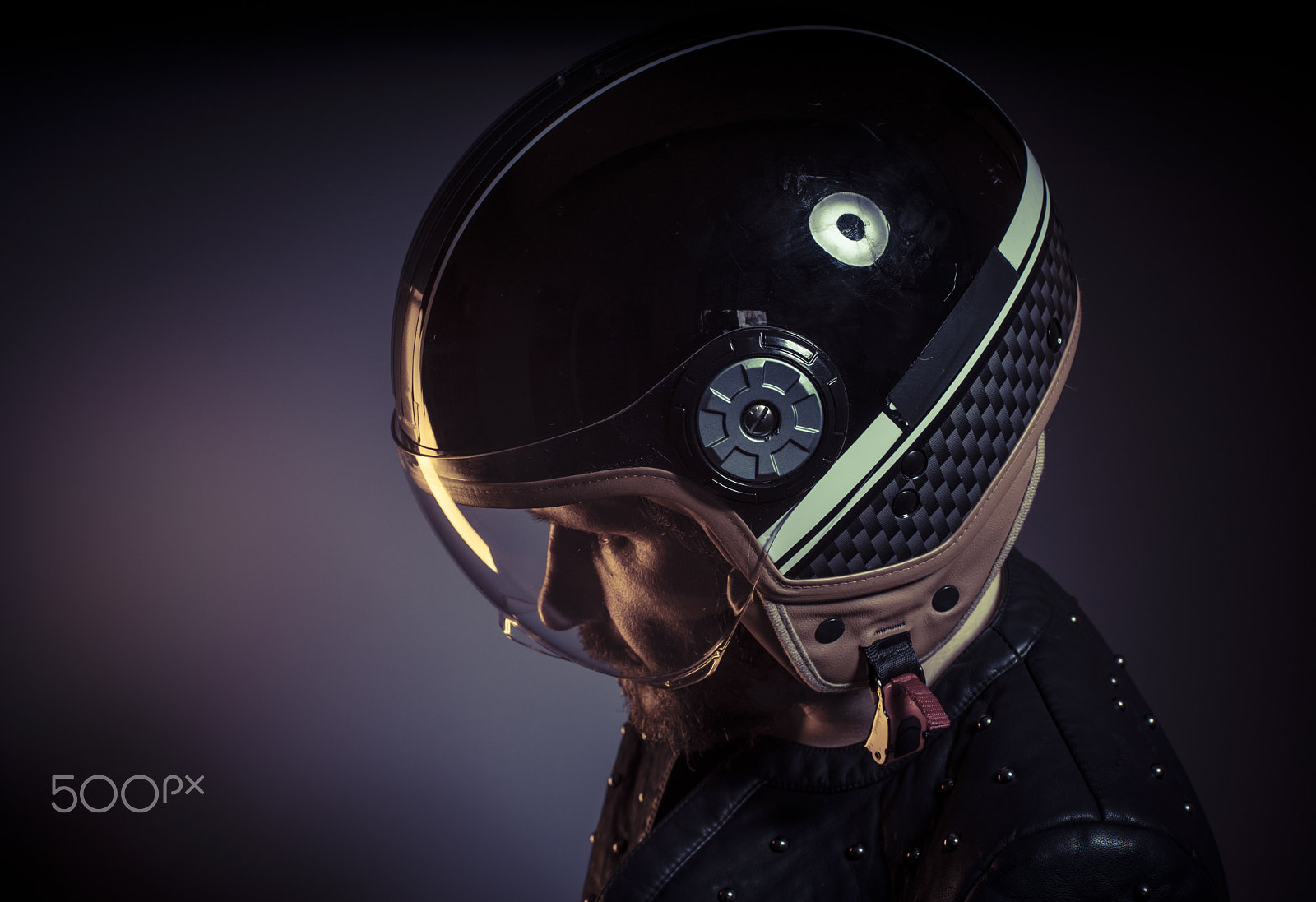 Sony a7 + Sony DT 50mm F1.8 SAM sample photo. Biker with motorcycle helmet and black leather jacket, metal stu photography