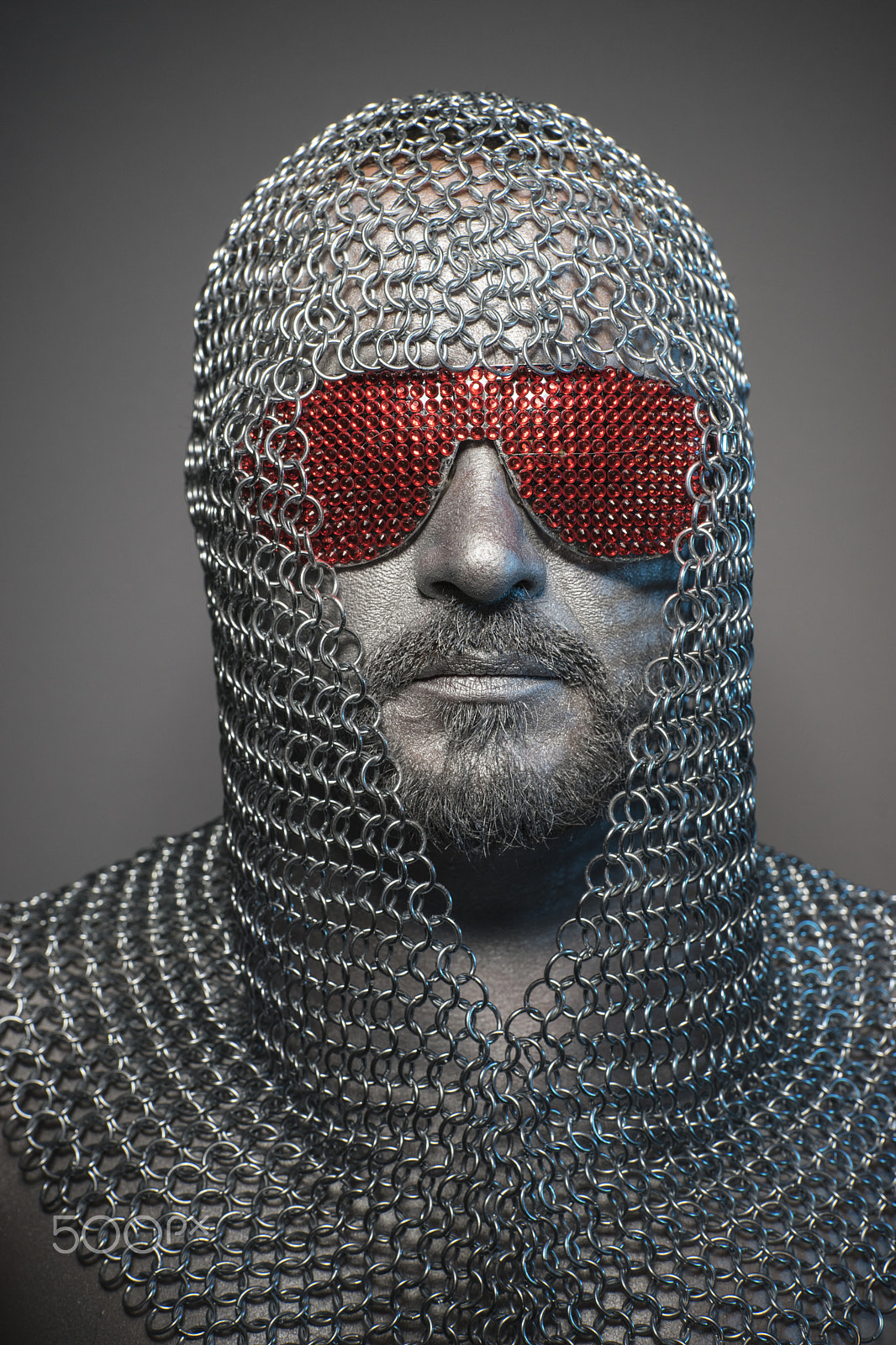 Sony a7 + Sony DT 50mm F1.8 SAM sample photo. Man in chain mail and leather painted silver, medieval warrior photography