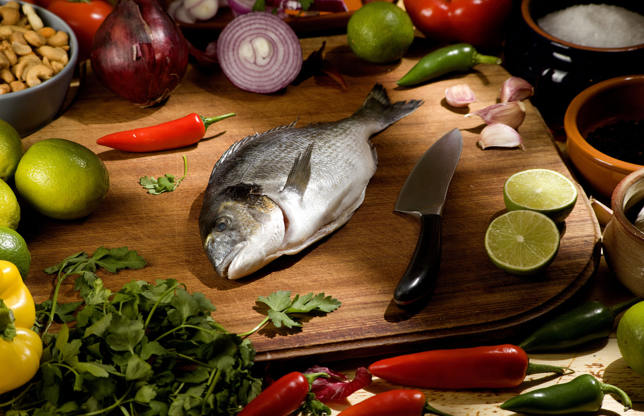 Canon EOS 5D Mark II sample photo. Sea bream with raw ingredients photography
