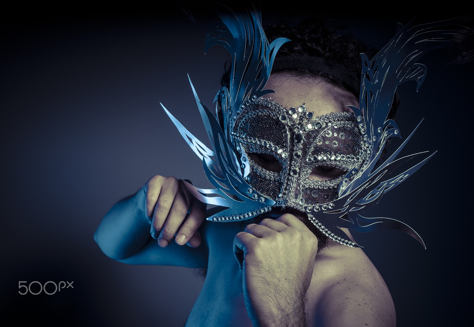 Sony a7 + Sony DT 50mm F1.8 SAM sample photo. Bearded man with silver mask venetian style. mystery and renaiss photography