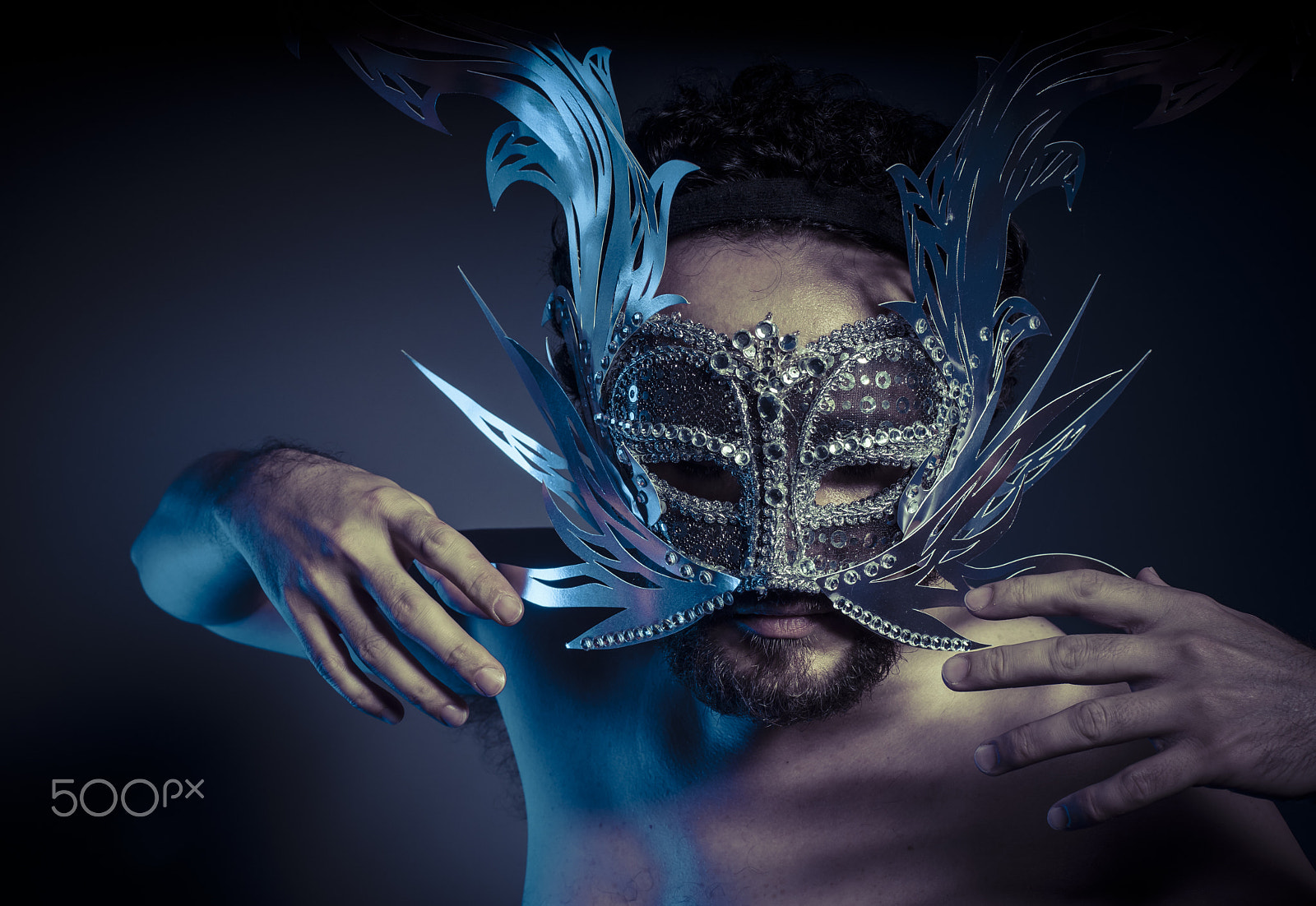 Sony a7 + Sony DT 50mm F1.8 SAM sample photo. Bearded man with silver mask venetian style. mystery and renaiss photography