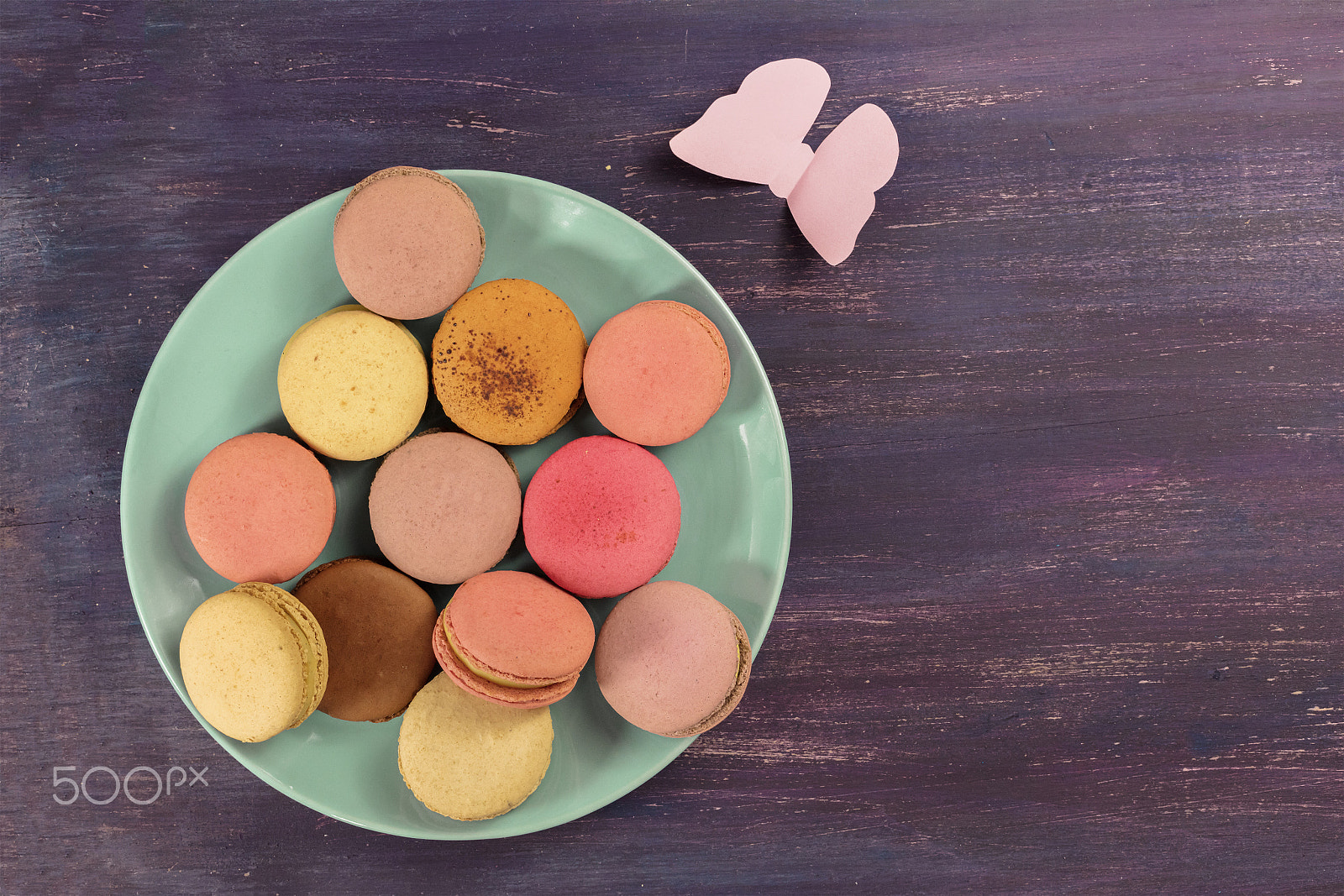 Canon EOS 5DS R sample photo. Macarons and paper butterfly on purple with copyspace photography