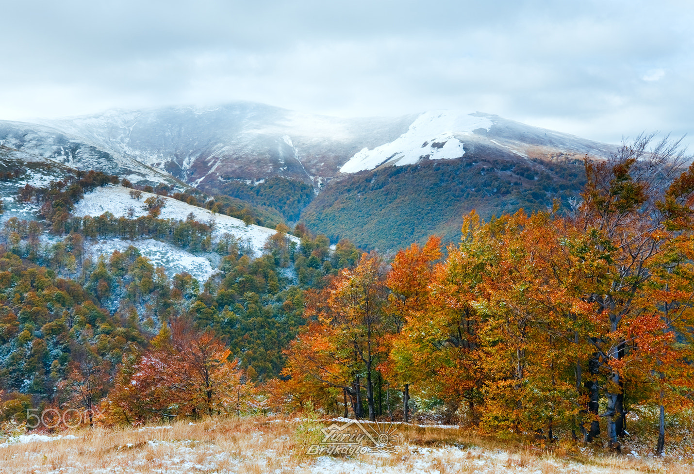 Canon EOS 5D + Canon EF 16-35mm F2.8L II USM sample photo. First winter snow and autumn colorful foliage on mountain photography