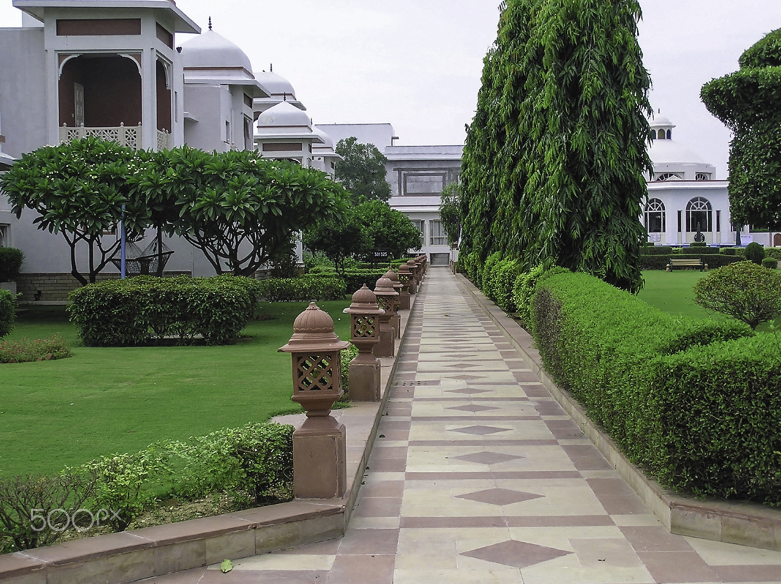 Olympus C750UZ sample photo. Paved path lined with greenery next to heritage buildings photography