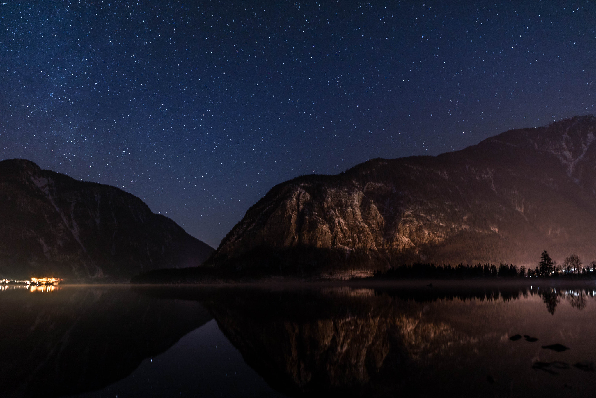 Sony a7S + Sony DT 50mm F1.8 SAM sample photo. Stars over lake hallstatt photography