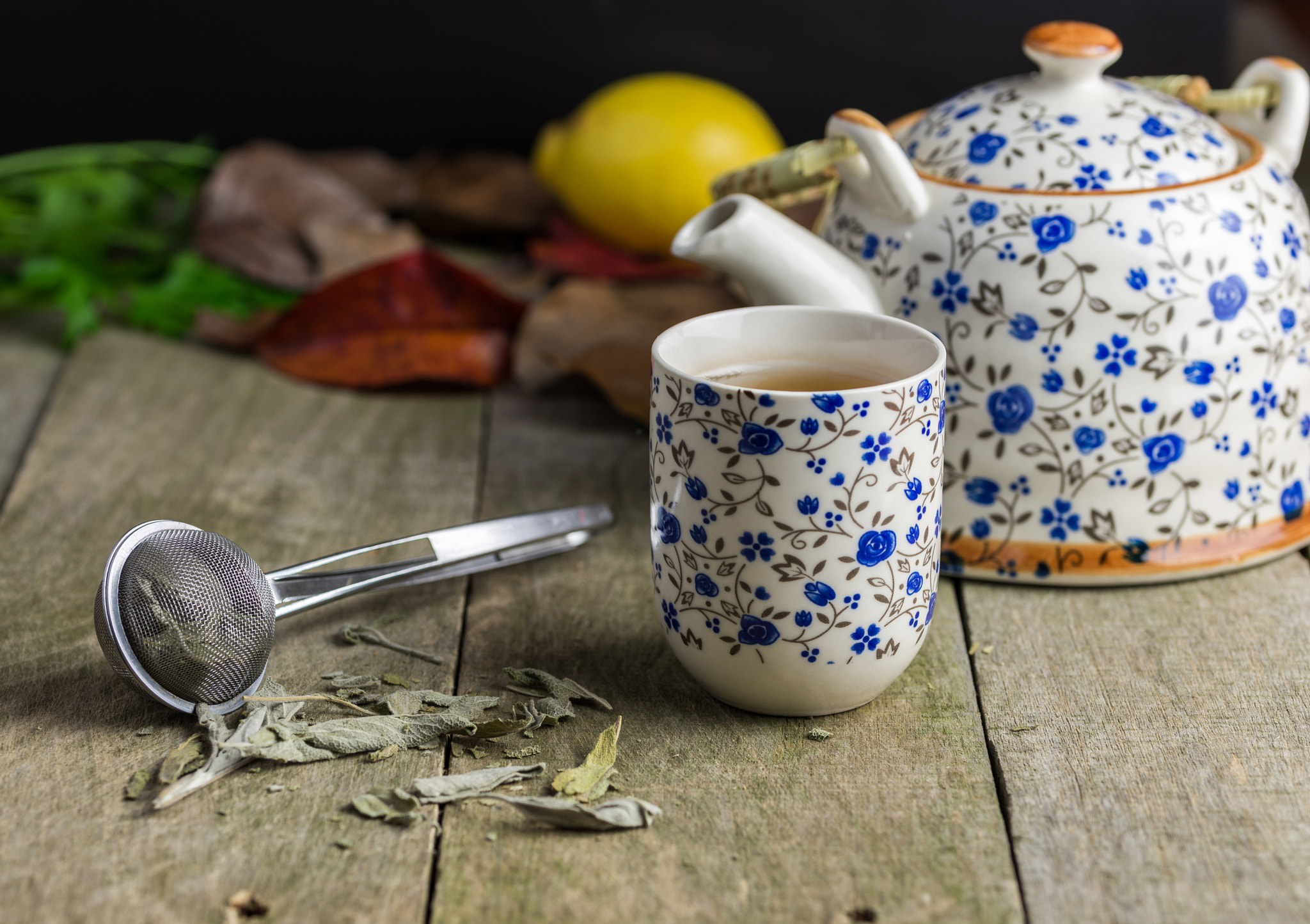 Nikon D610 + Tamron SP 90mm F2.8 Di VC USD 1:1 Macro (F004) sample photo. Autumn cup of tea with teapot on a rustic table. photography
