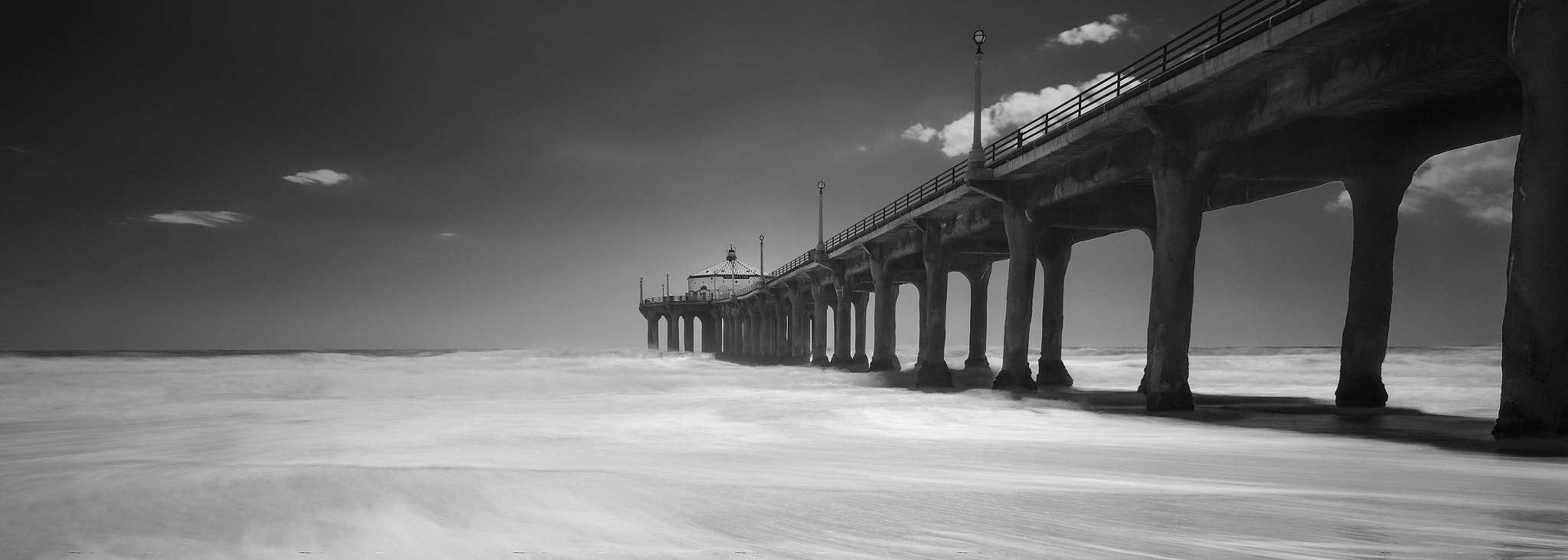 Sony Alpha DSLR-A850 + Sony 20mm F2.8 sample photo. Manhattan beach pier panoramic bwg photography