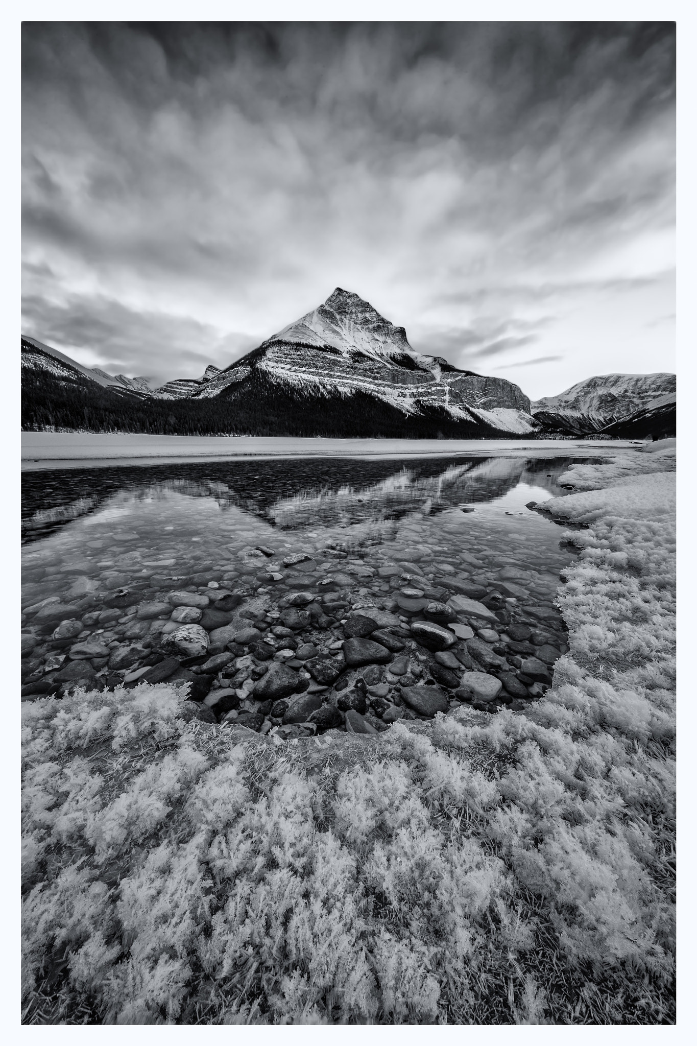 Canon EOS-1D X Mark II + Canon EF 11-24mm F4L USM sample photo. Hoar frost in the foreground leads to a large mountain peak in the canadian rockies photography