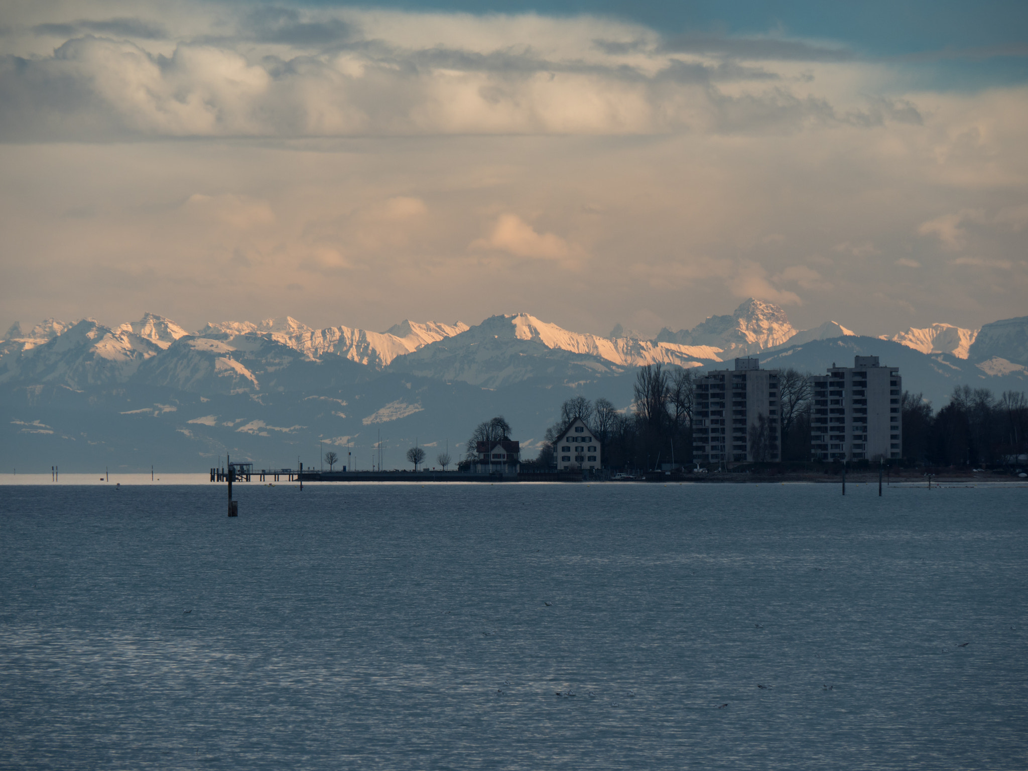 Olympus OM-D E-M5 II + Panasonic Lumix G Vario 14-140mm F3.5-5.6 ASPH Power O.I.S sample photo. Look over lake of constance to the swiss alps photography