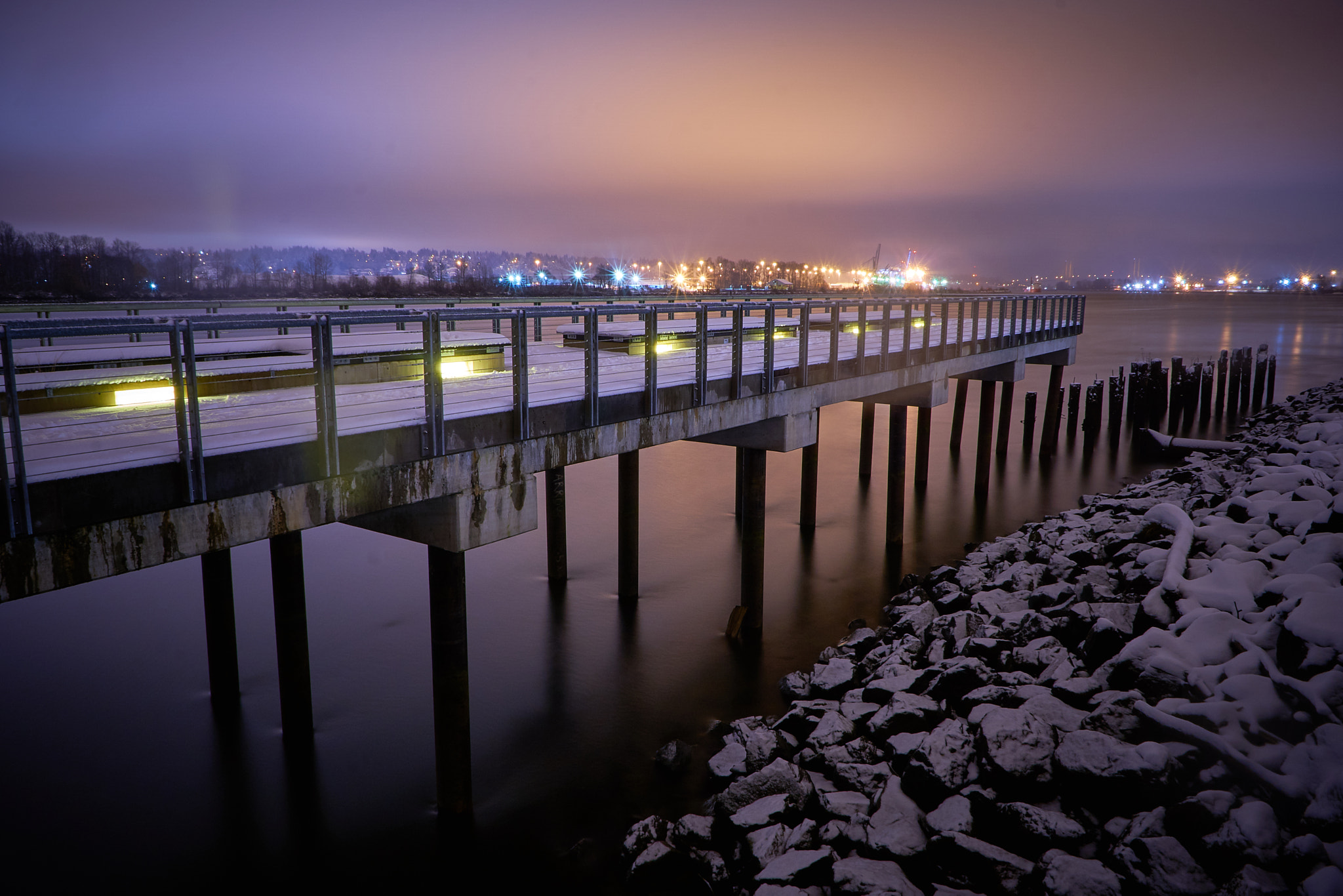 Sony E 16mm F2.8 sample photo. Snowy dock at night photography