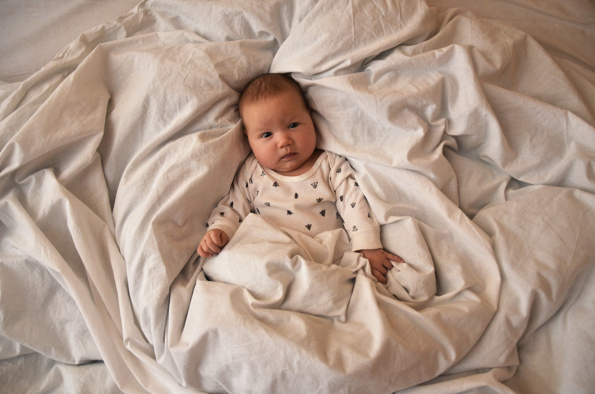 Soft picture of a beautiful baby boy laying on white bedding