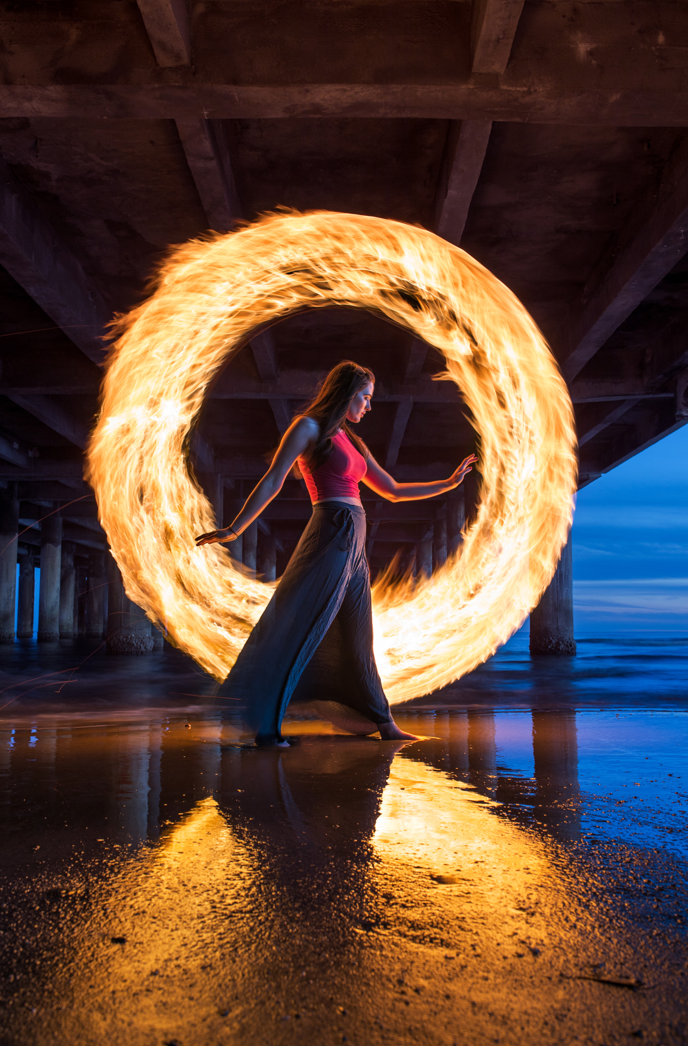 Sigma 35mm F1.4 DG HSM Art sample photo. Spinning fire in galveston photography