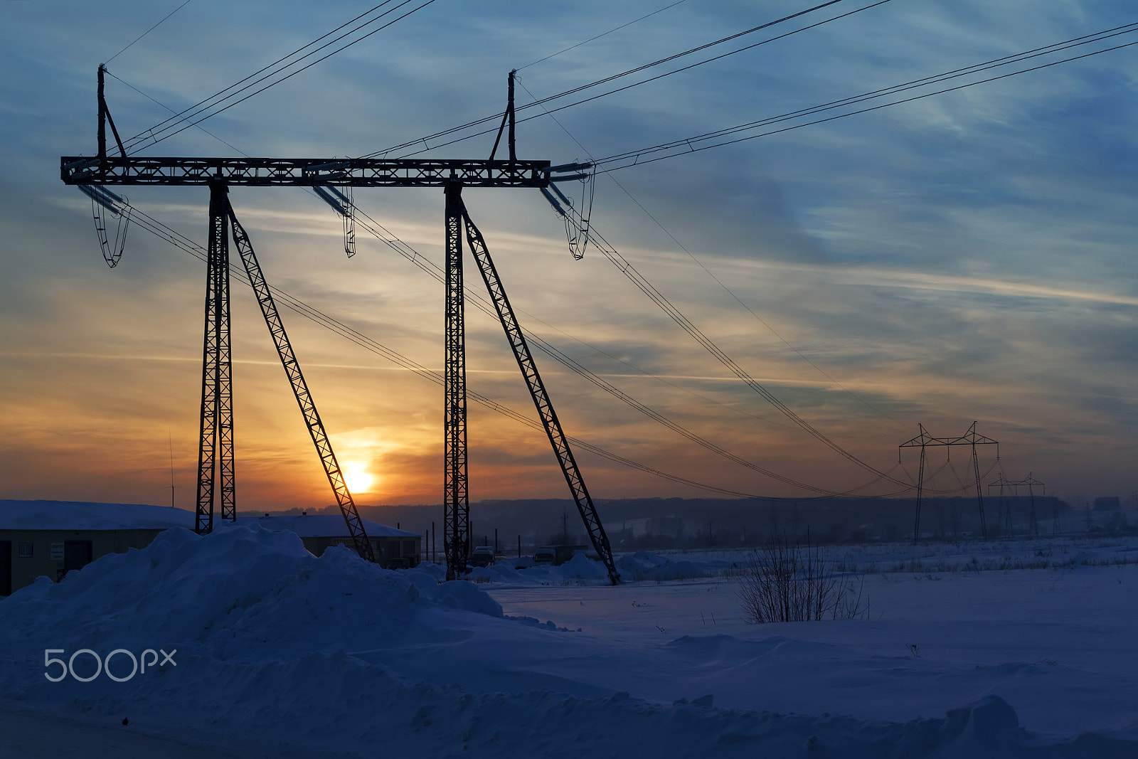 Canon EOS 500D (EOS Rebel T1i / EOS Kiss X3) sample photo. Mast electric line transmission at sunset photography
