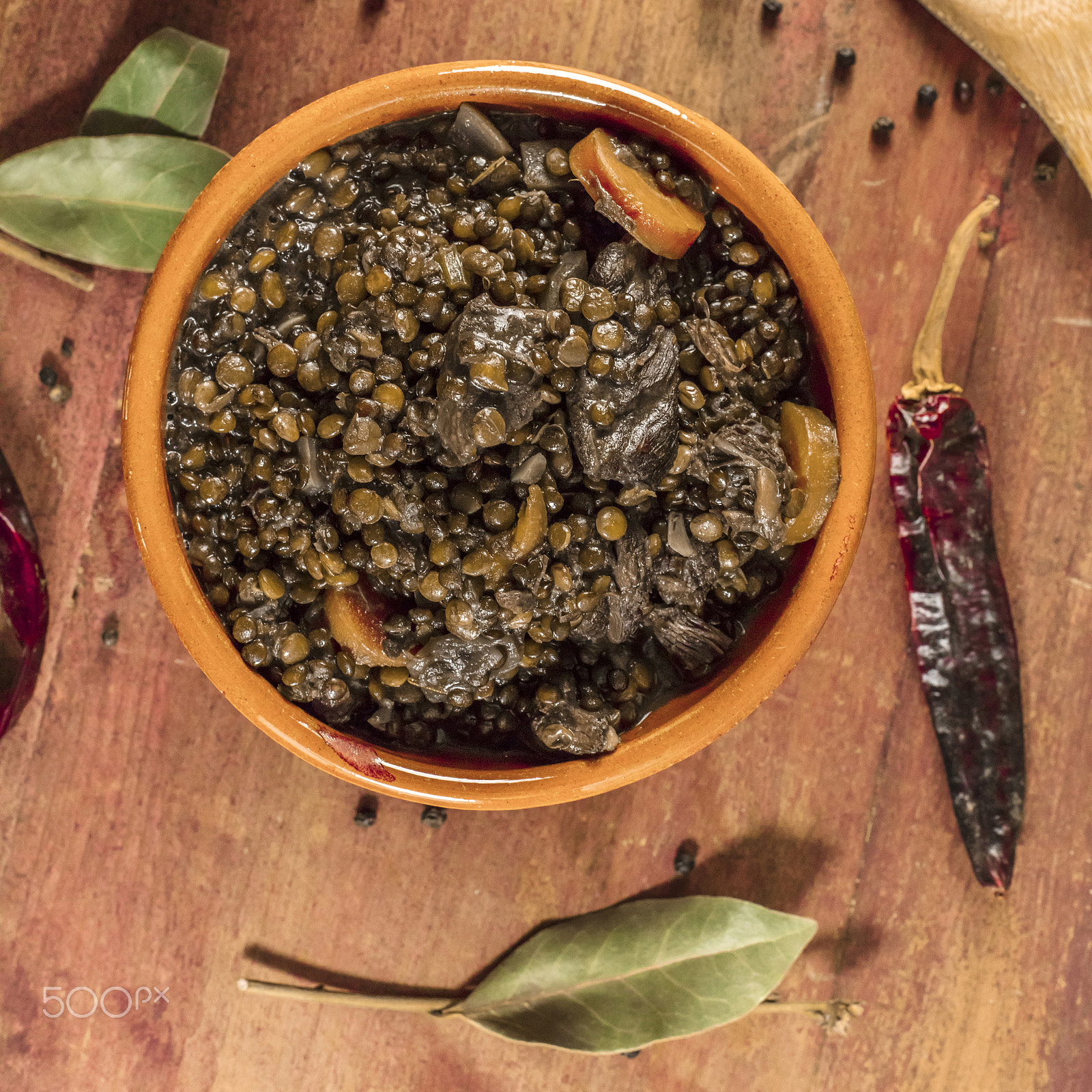 Canon EOS 5DS R sample photo. Lentil stew, shot from above, with bay leaves photography