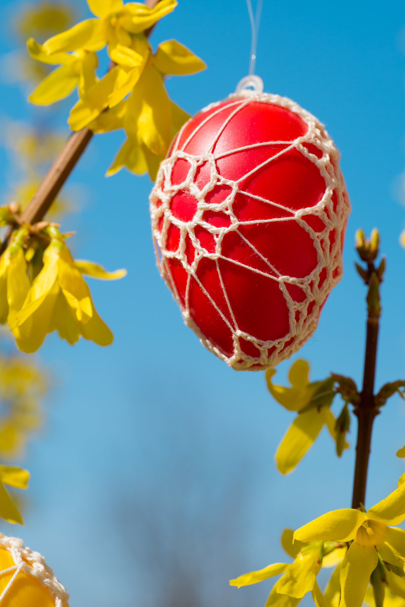 Nikon D4S + Sigma 70mm F2.8 EX DG Macro sample photo. Beautiful easter eggs hanging from a blooming forsythia photography