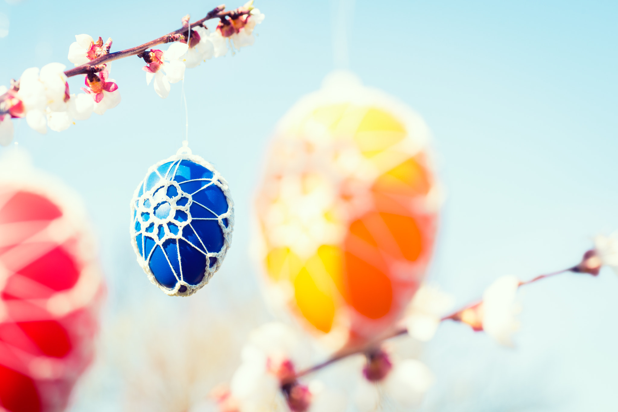 Nikon D4S + Sigma 70mm F2.8 EX DG Macro sample photo. Colorful easter eggs hanging from a blossoming apple tree photography