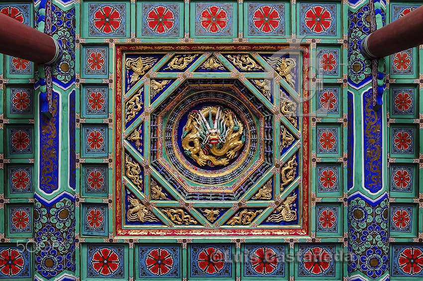 Pentax K20D sample photo. Detail of the ceiling. miaoying temple. beijing. photography