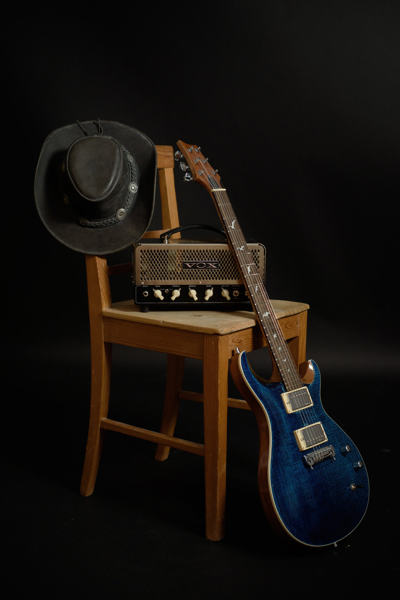 Nikon D750 + AF Nikkor 50mm f/1.8 sample photo. Guitar, amp and a hat photography