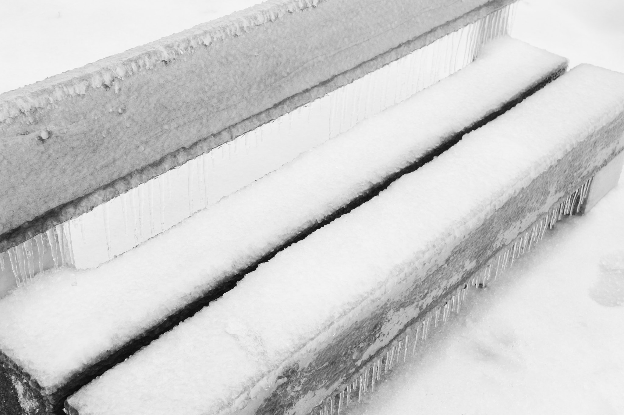 Nikon D2X sample photo. Freezing rain covered this bench in a park photography