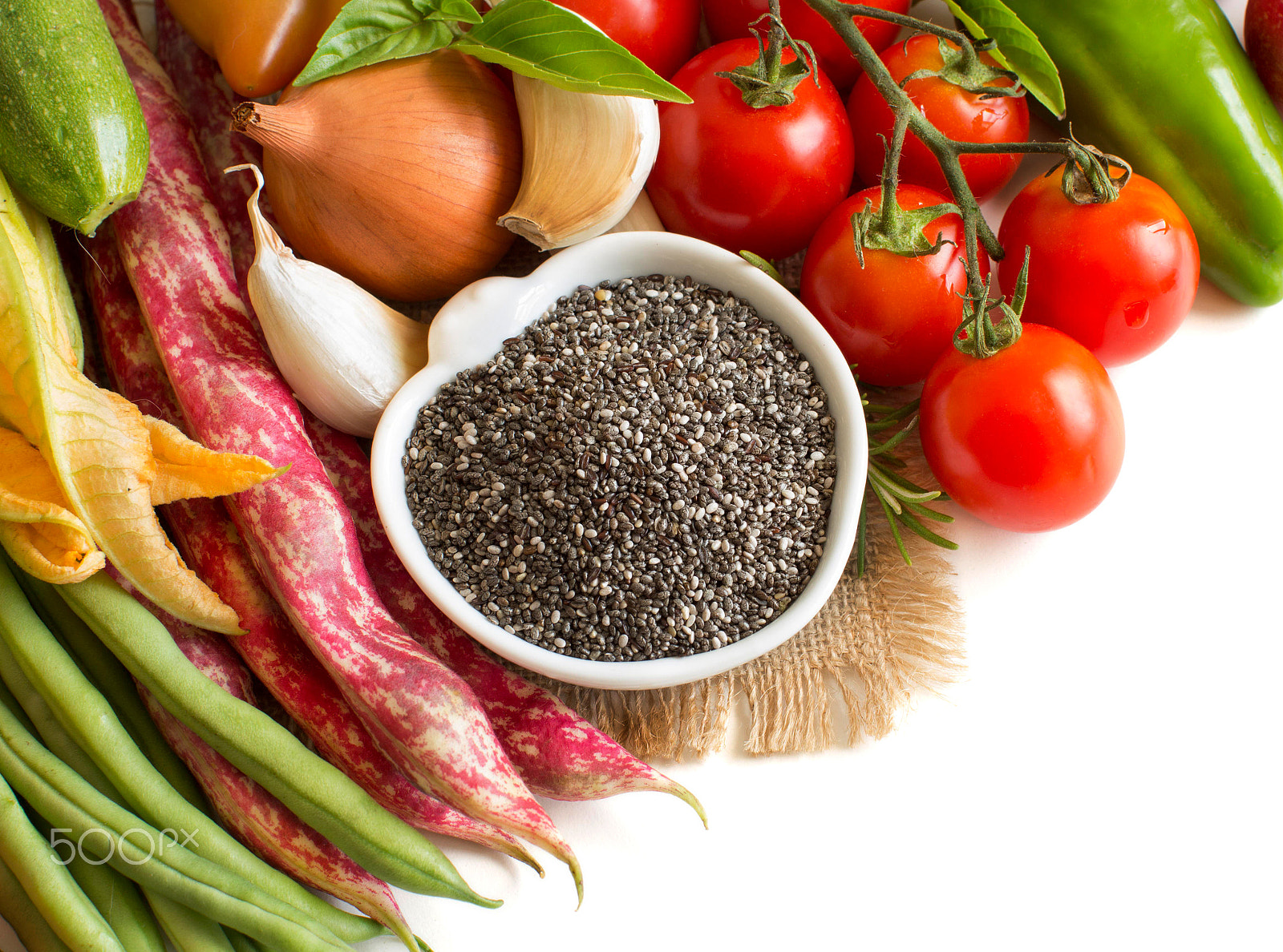 Canon EOS 650D (EOS Rebel T4i / EOS Kiss X6i) + Canon EF 50mm F1.2L USM sample photo. Raw chia seeds in bowl and vegetables photography