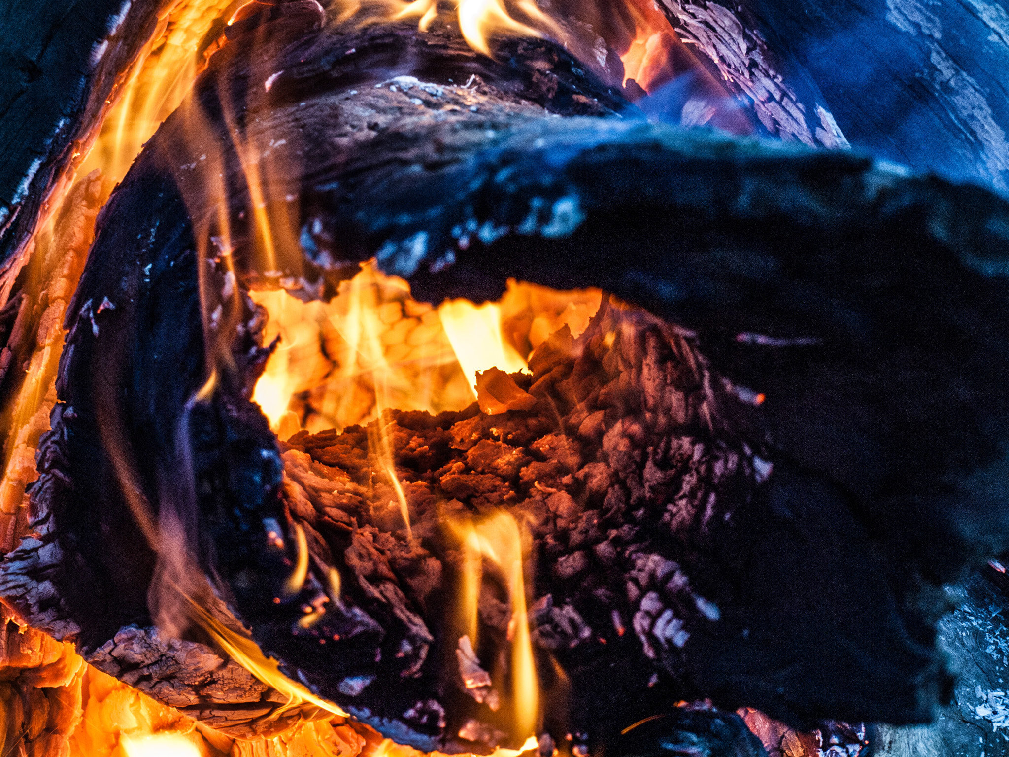 Olympus E-30 sample photo. Fire in a log photography