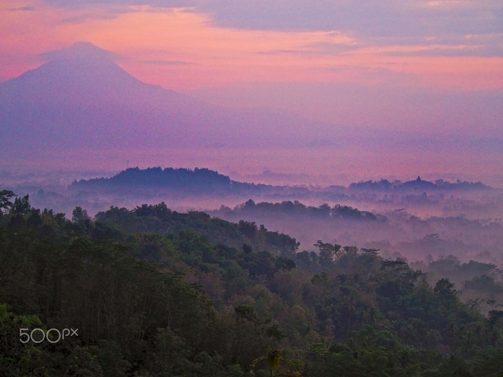 Olympus OM-D E-M5 sample photo. Sunrise over indonesian landscape and borobudur temple photography