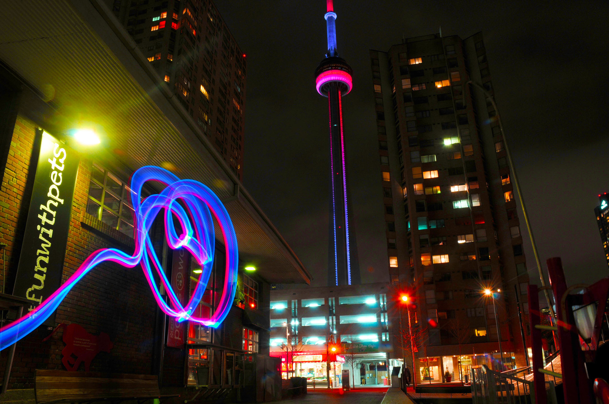 Nikon D300S sample photo. Cn tower red and blue light painting photography