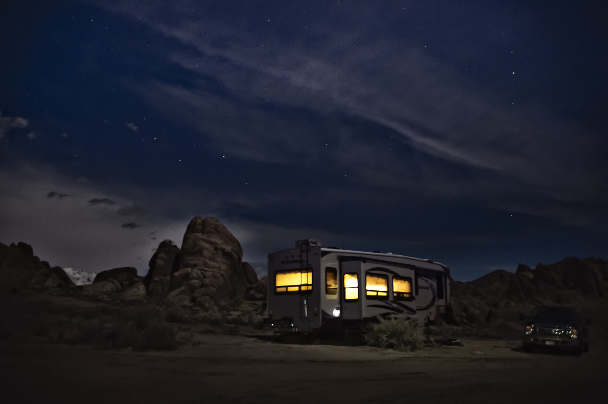 Nikon D4 + Nikon AF-S Nikkor 28-300mm F3.5-5.6G ED VR sample photo. Our columbus fifth-wheel in the alabama hills by moonlight photography