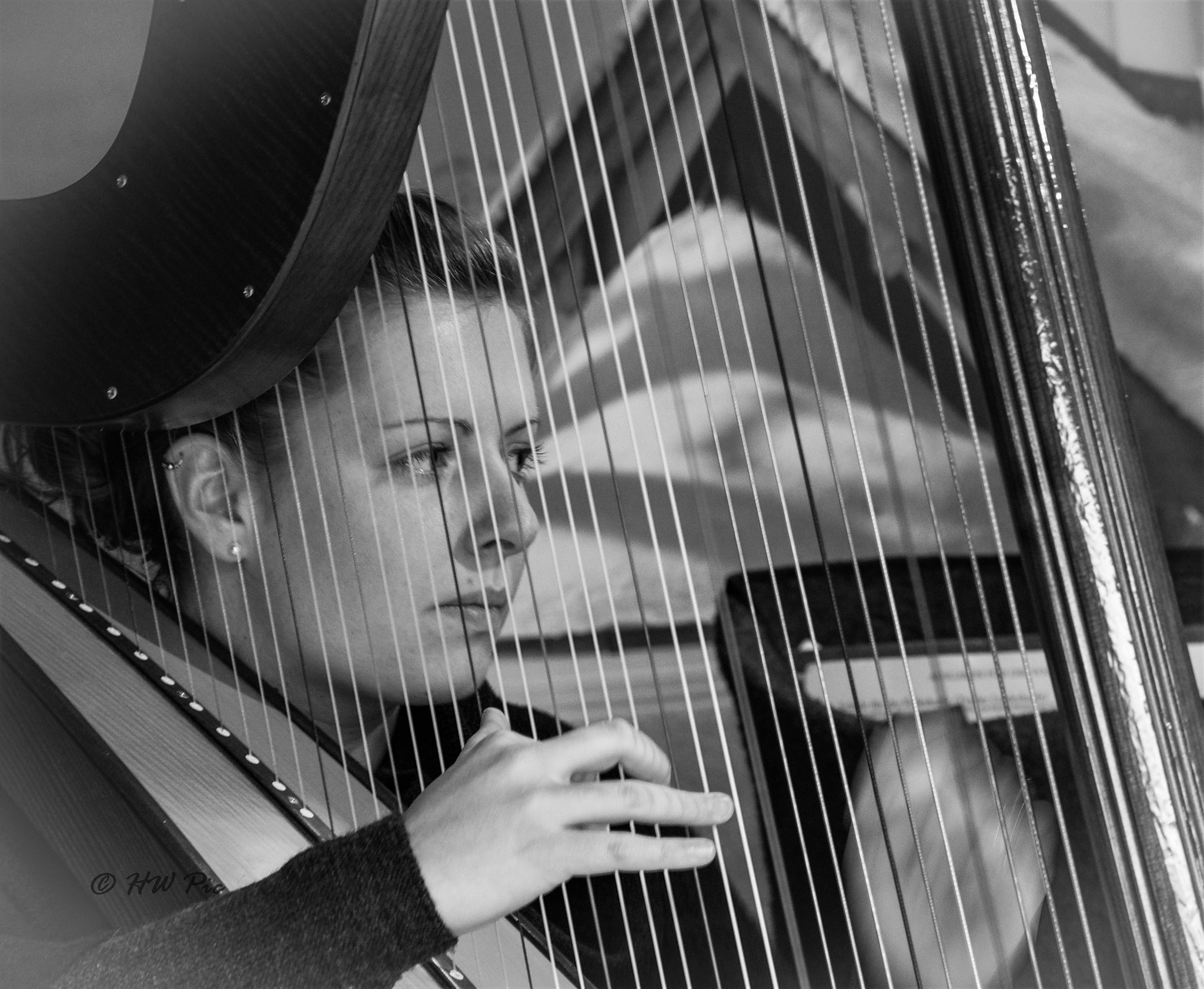 Olympus OM-D E-M1 sample photo. Young lady playing harp photography