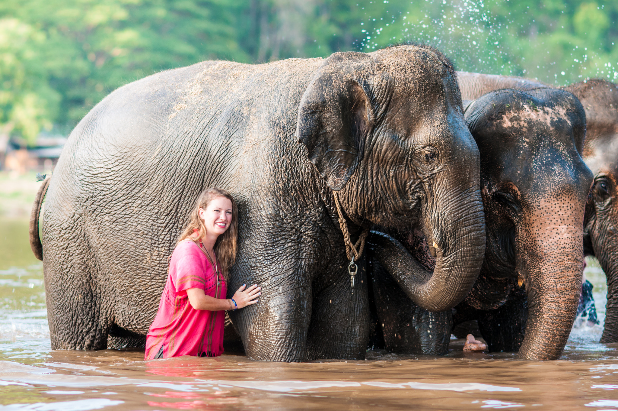 Nikon D300 + AF DC-Nikkor 135mm f/2D sample photo. A woman with happy elephants. photography