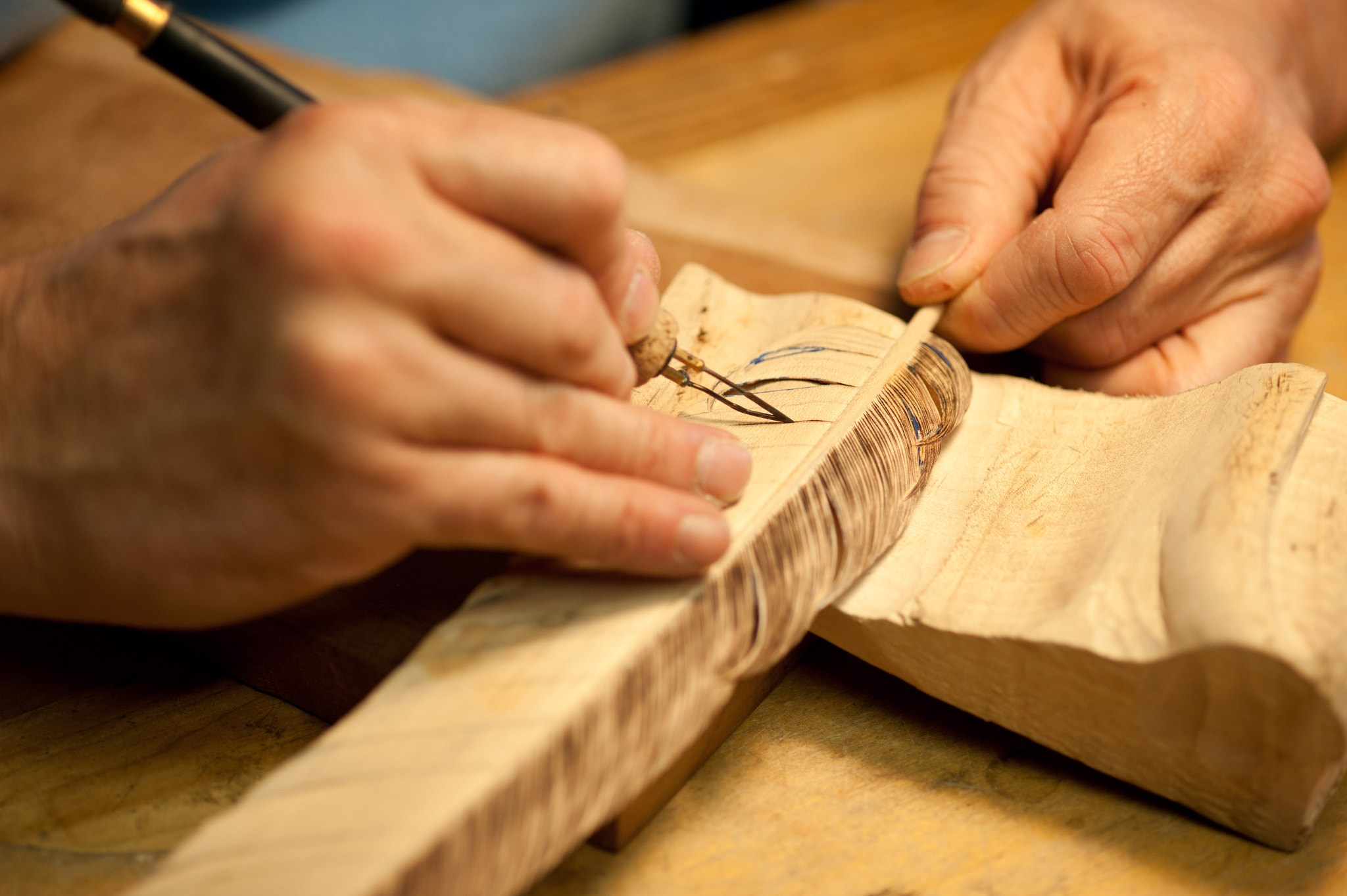 ZEISS Makro-Planar T* 100mm F2 sample photo. Hands carving a bird feather from wood photography