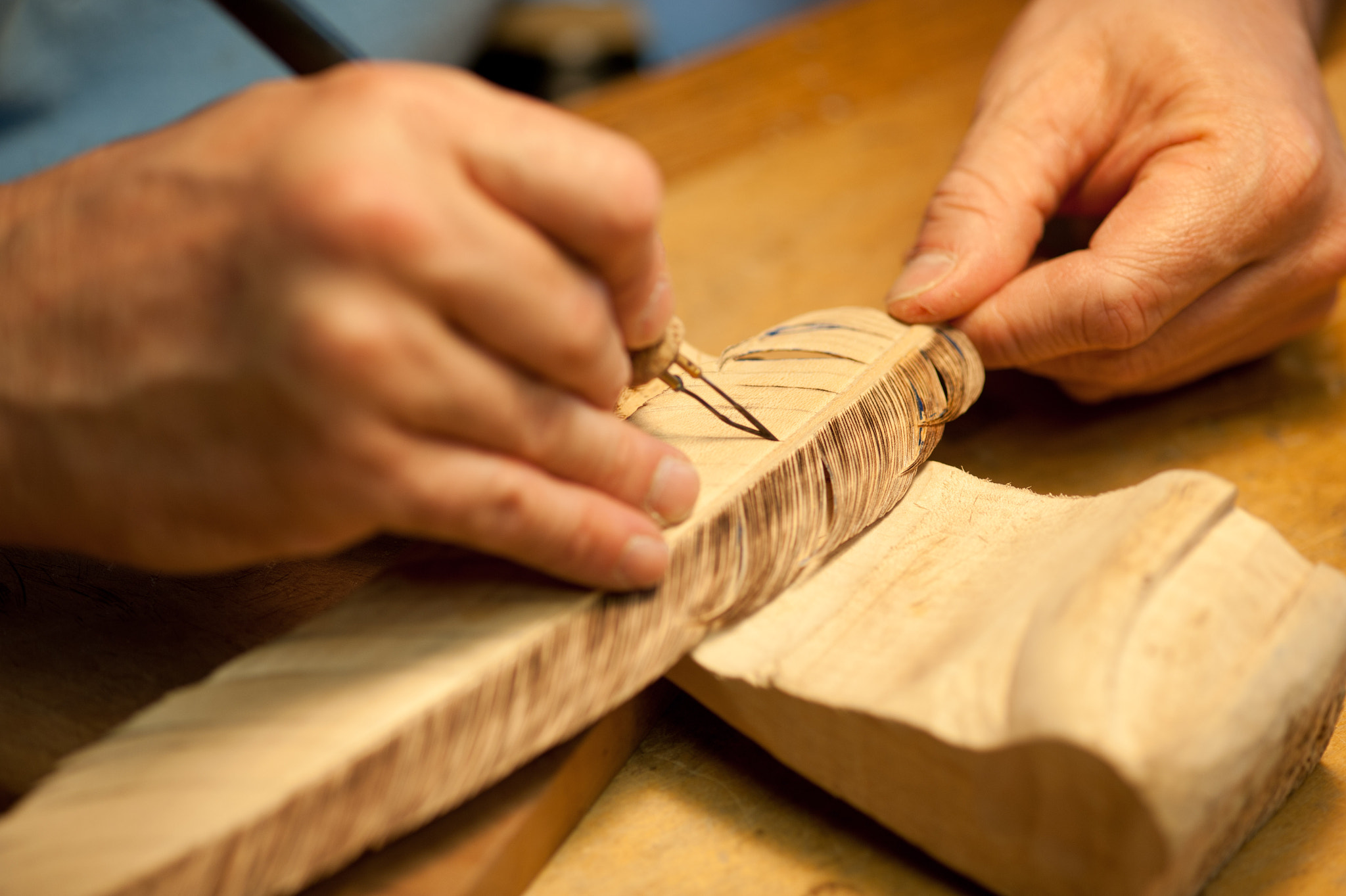 ZEISS Makro-Planar T* 100mm F2 sample photo. Hands carving a bird feather from wood photography