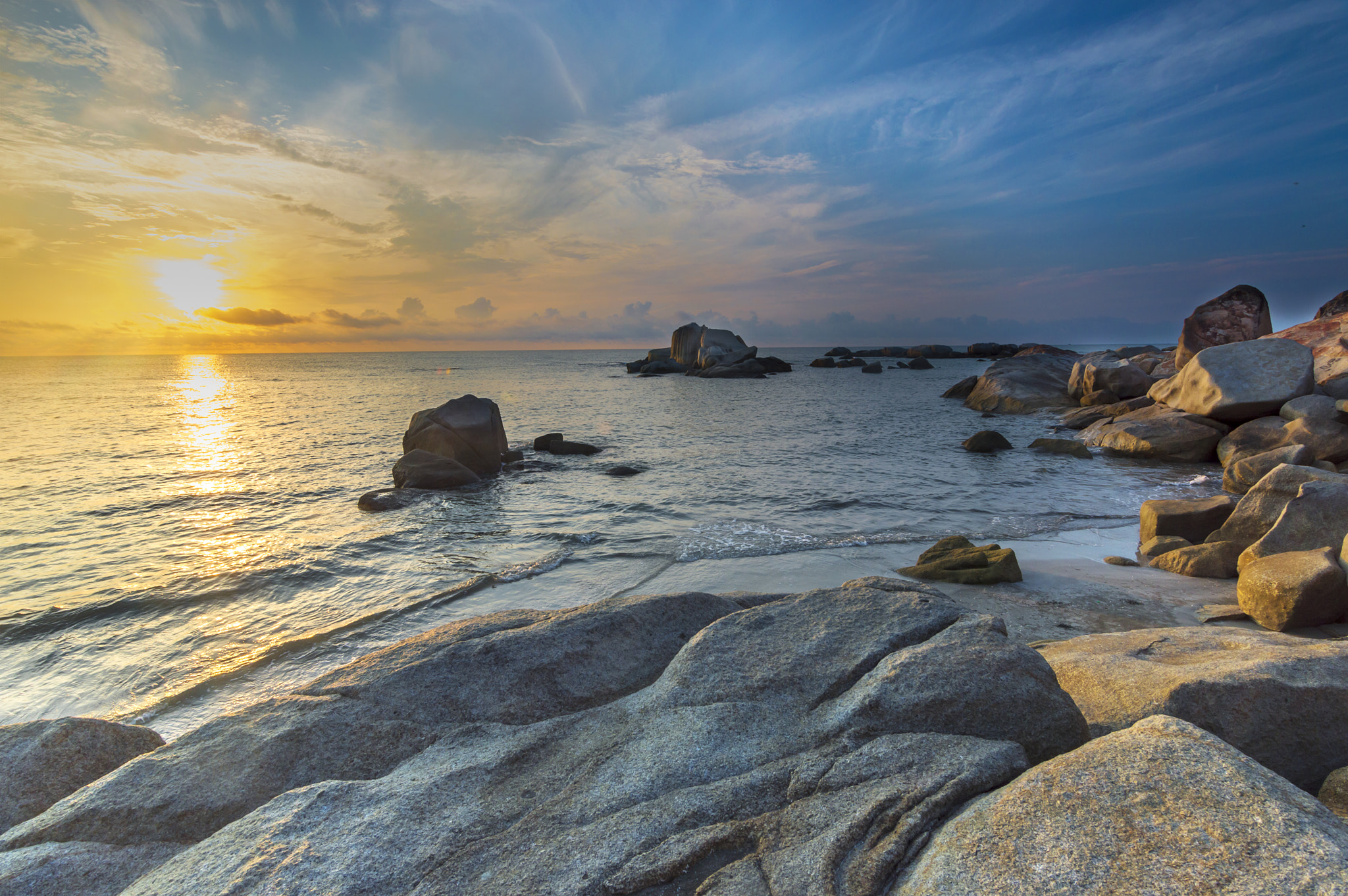 Nikon D3200 sample photo. Beach rock and wave with sunrise skies background photography