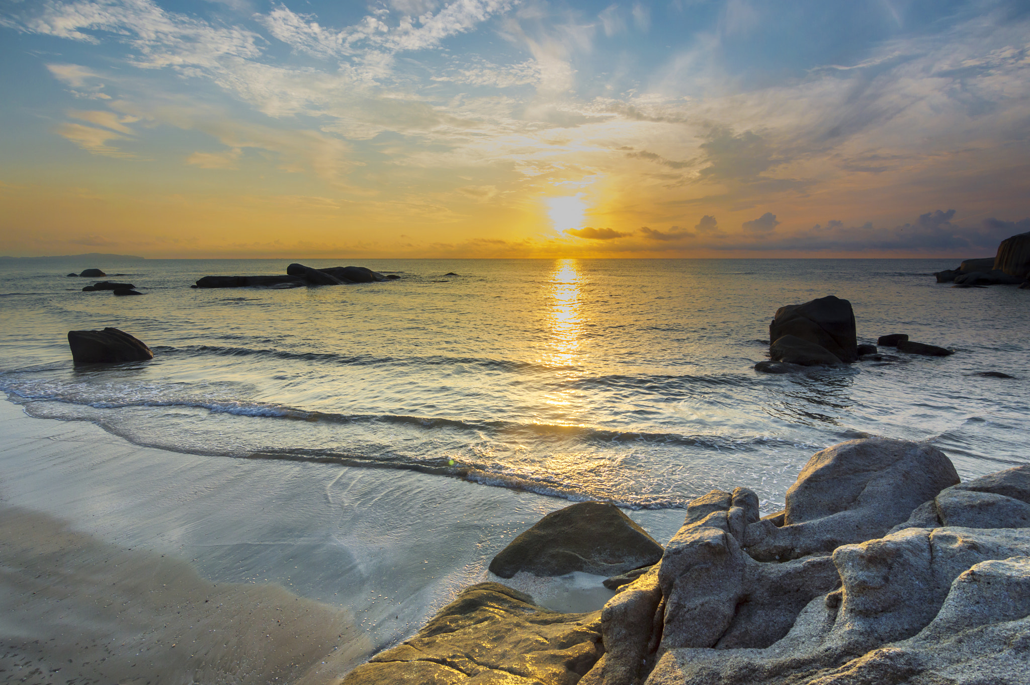 Nikon D3200 sample photo. Beach rock and wave with sunrise skies background photography