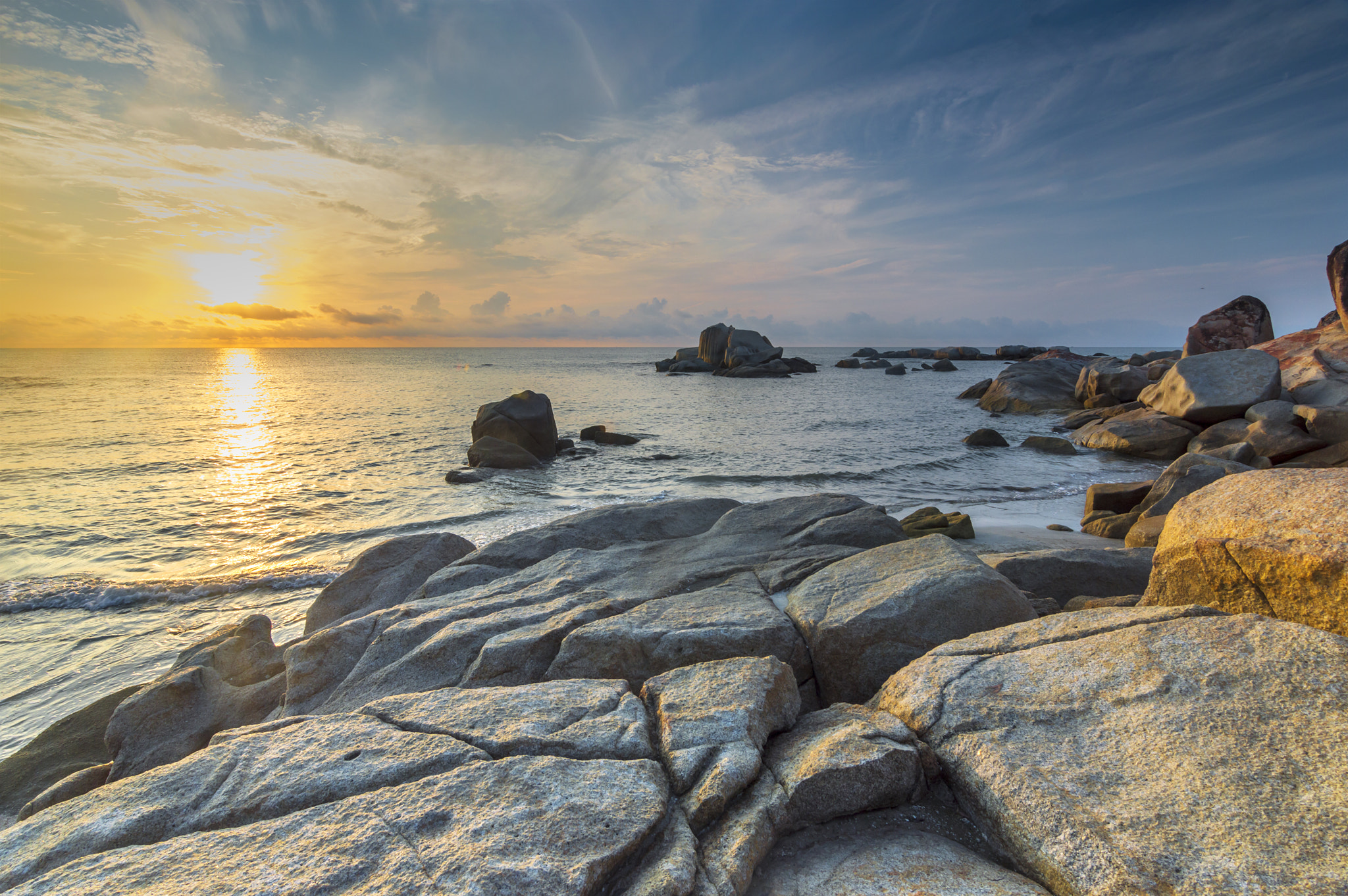 Nikon D3200 sample photo. Beach rock and wave with sunrise skies background photography
