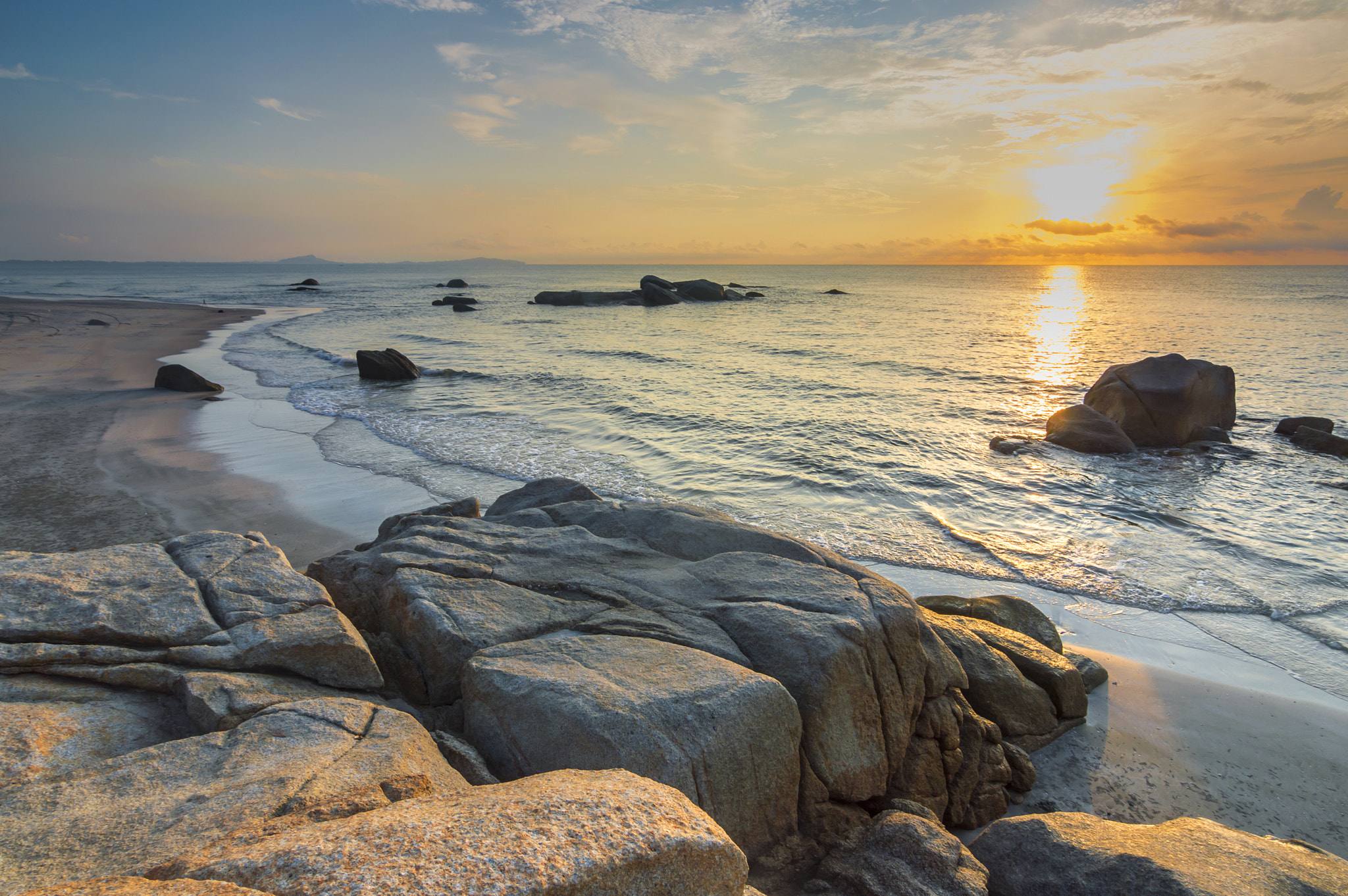 Nikon D3200 sample photo. Beach rock and wave with sunrise skies background photography