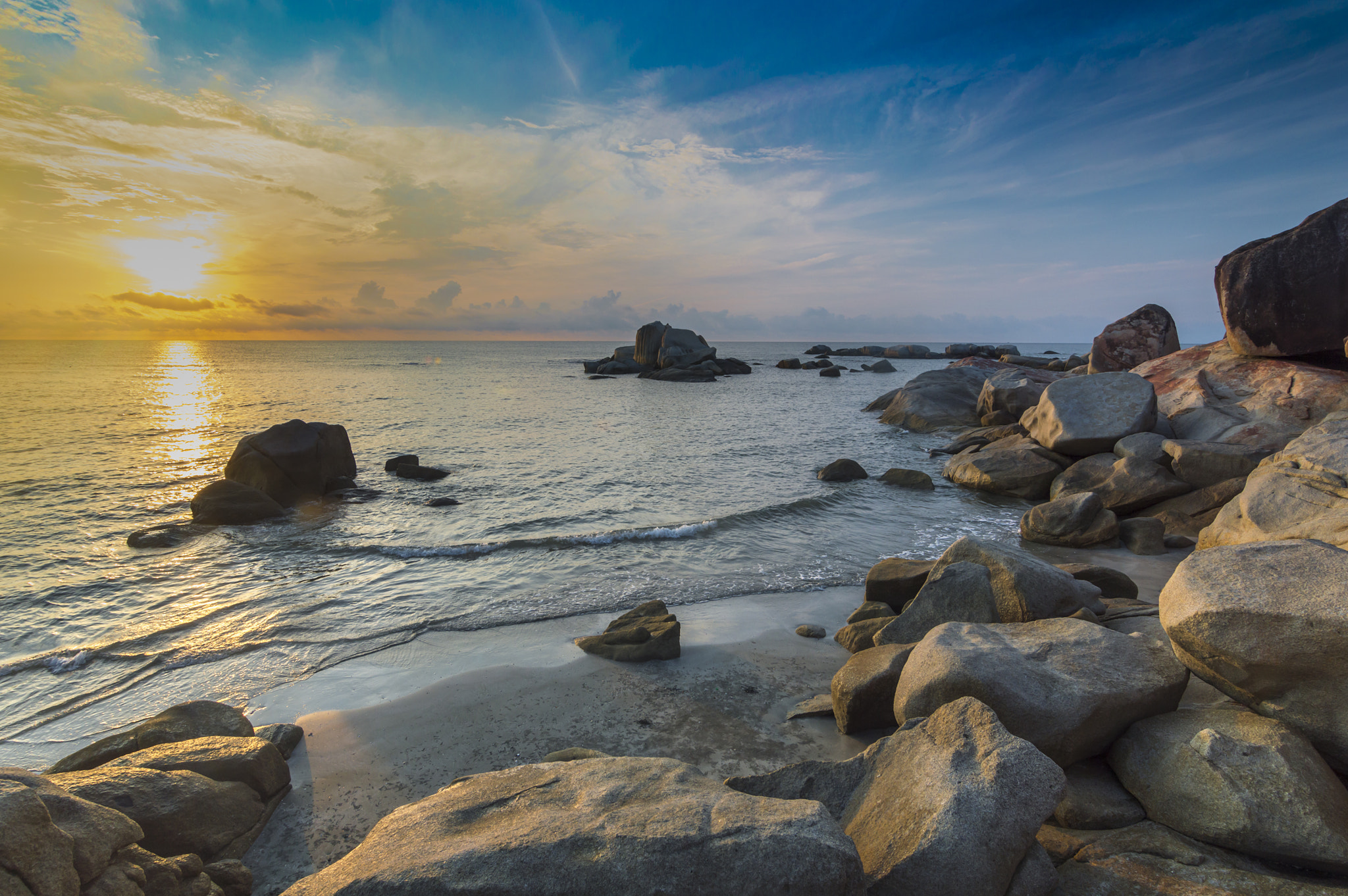 Nikon D3200 sample photo. Beach rock and wave with sunrise skies background photography
