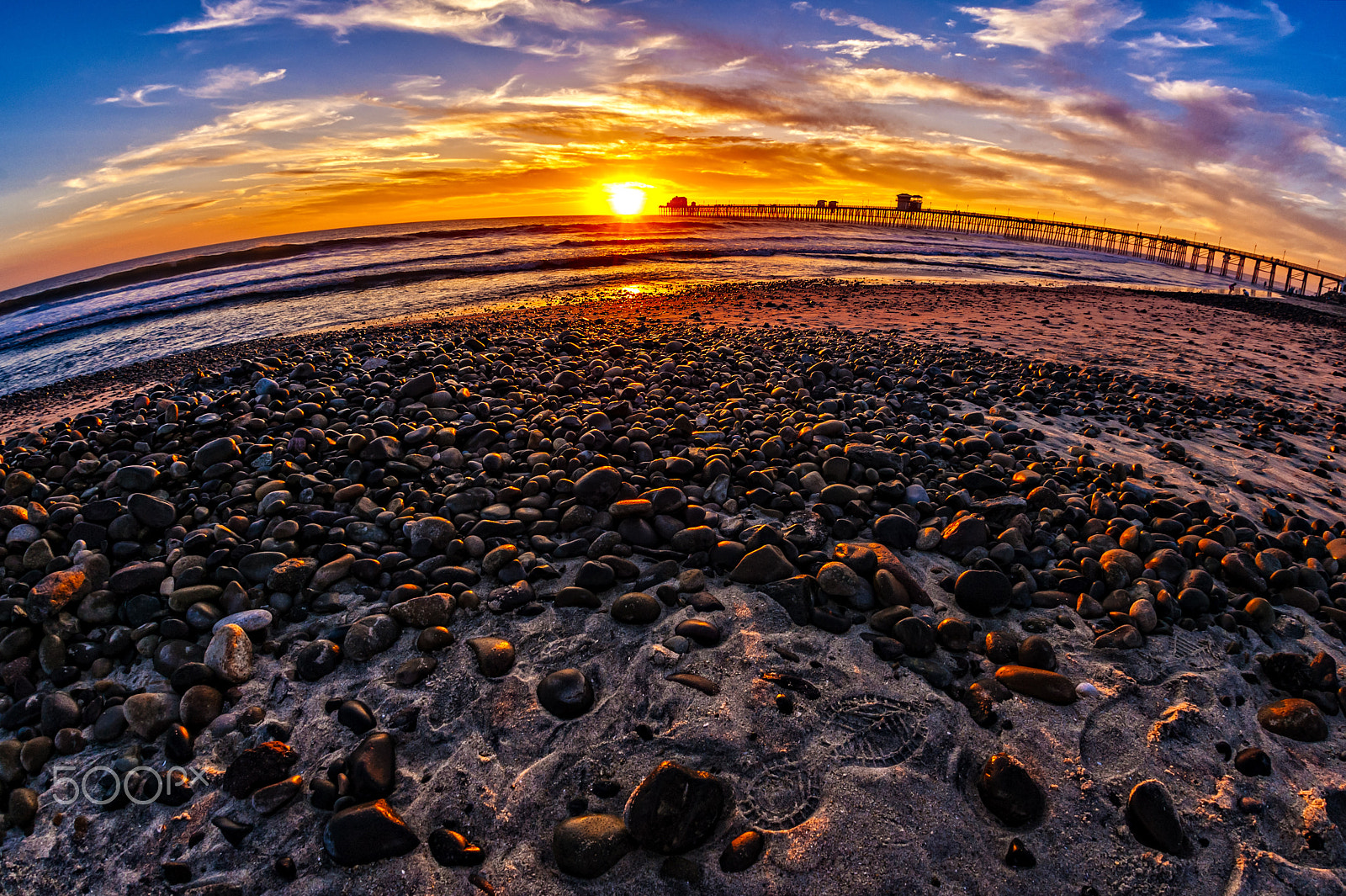 Nikon D700 + Sigma 15mm F2.8 EX DG Diagonal Fisheye sample photo. Rocky shore at sunset in oceanside - february 15, 2017 photography