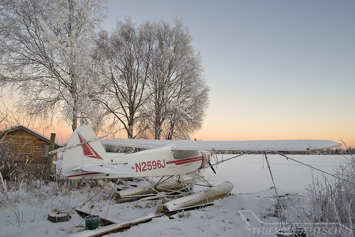 Nikon D800 + Nikon AF-S Nikkor 20mm F1.8G ED sample photo. Piper cub at frozen lake hood photography