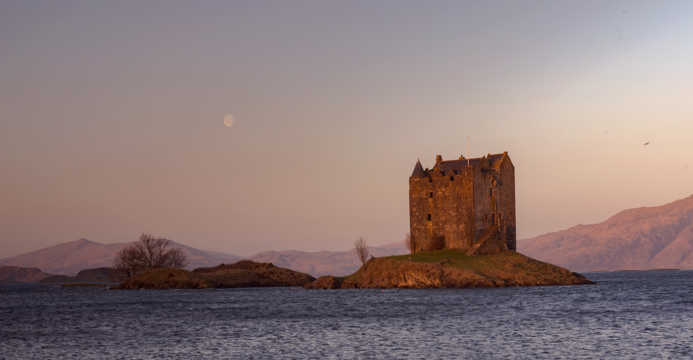 Nikon D800 sample photo. Moonset at castle stalker photography