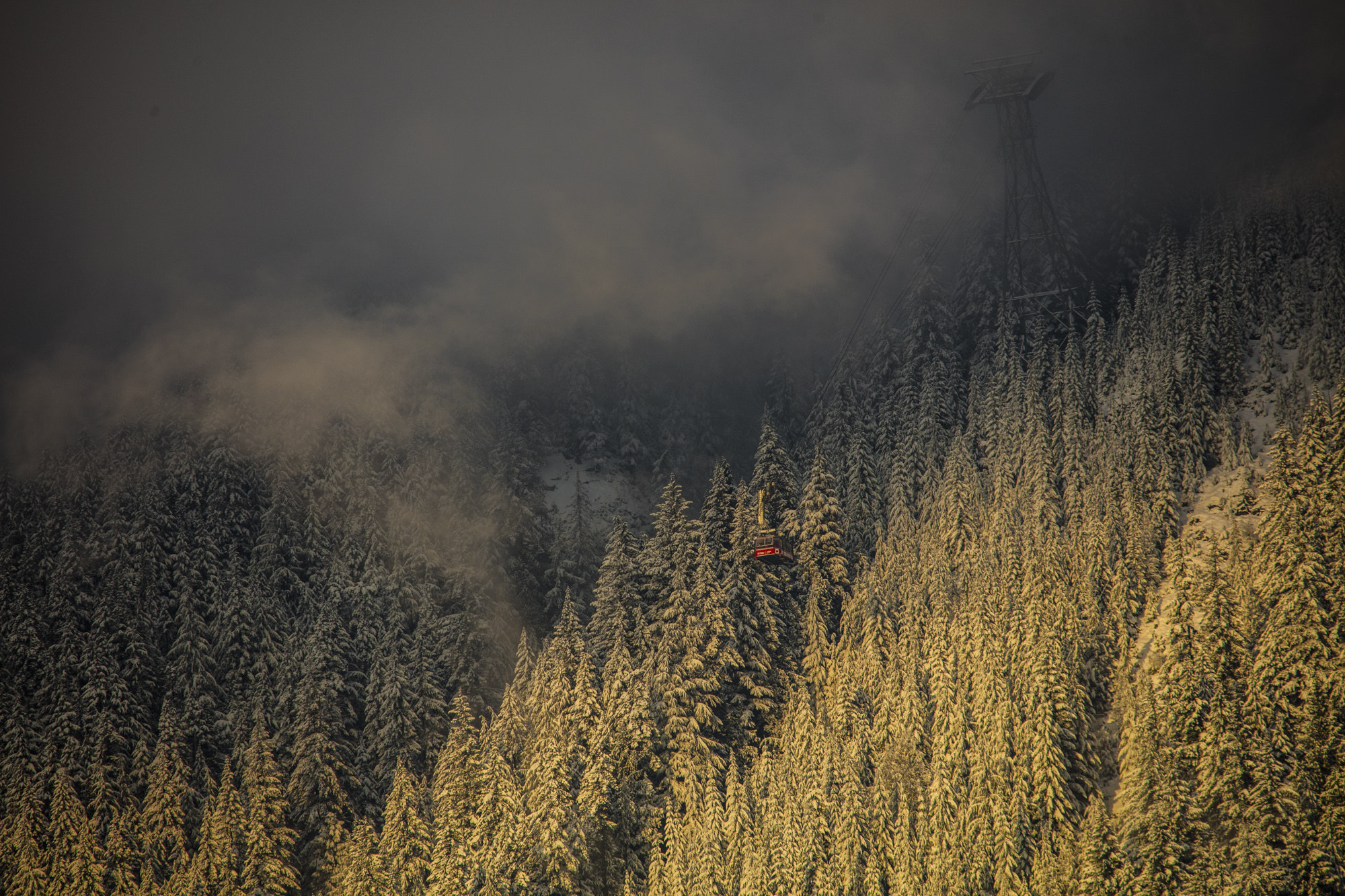 Canon EOS 5DS R + Sigma 150-500mm F5-6.3 DG OS HSM sample photo. Grouse mountain sunset skyride into the fog photography