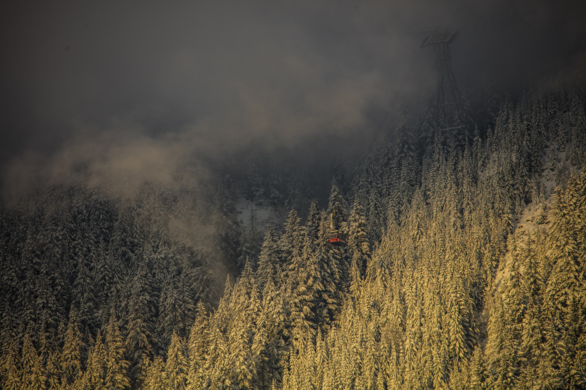 Sigma 150-500mm F5-6.3 DG OS HSM sample photo. Grouse mountain sunset skyride into the fog photography