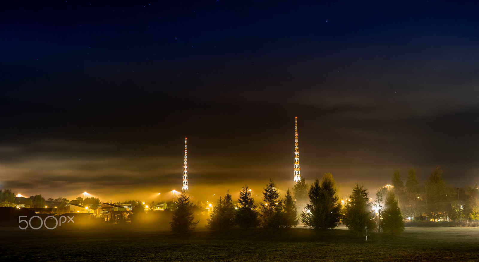 Sony a7R sample photo. Radio towers on a foggy night photography