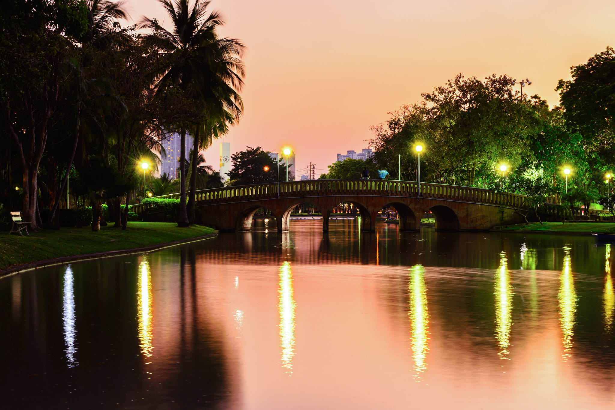 Nikon D610 sample photo. Urban lake and bridge with reflection at night in summer. photography